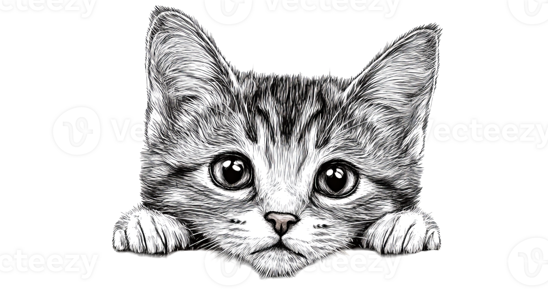 Cute tabby kitten with paws peaking, endearing gaze, cut out transparent png