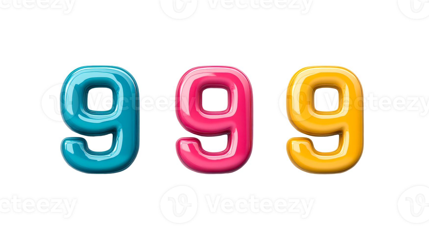 Glossy 3D Nines in Teal, Pink, and Yellow, cut out transparent png