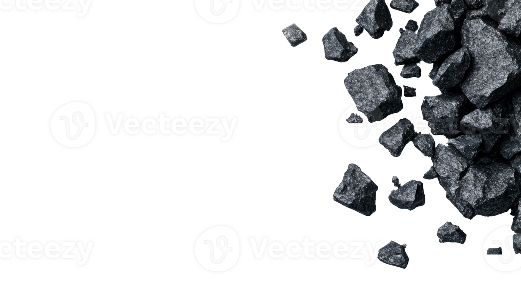 Heap of shiny coal rock, mineral stones on black backdrop, cut out transparent png