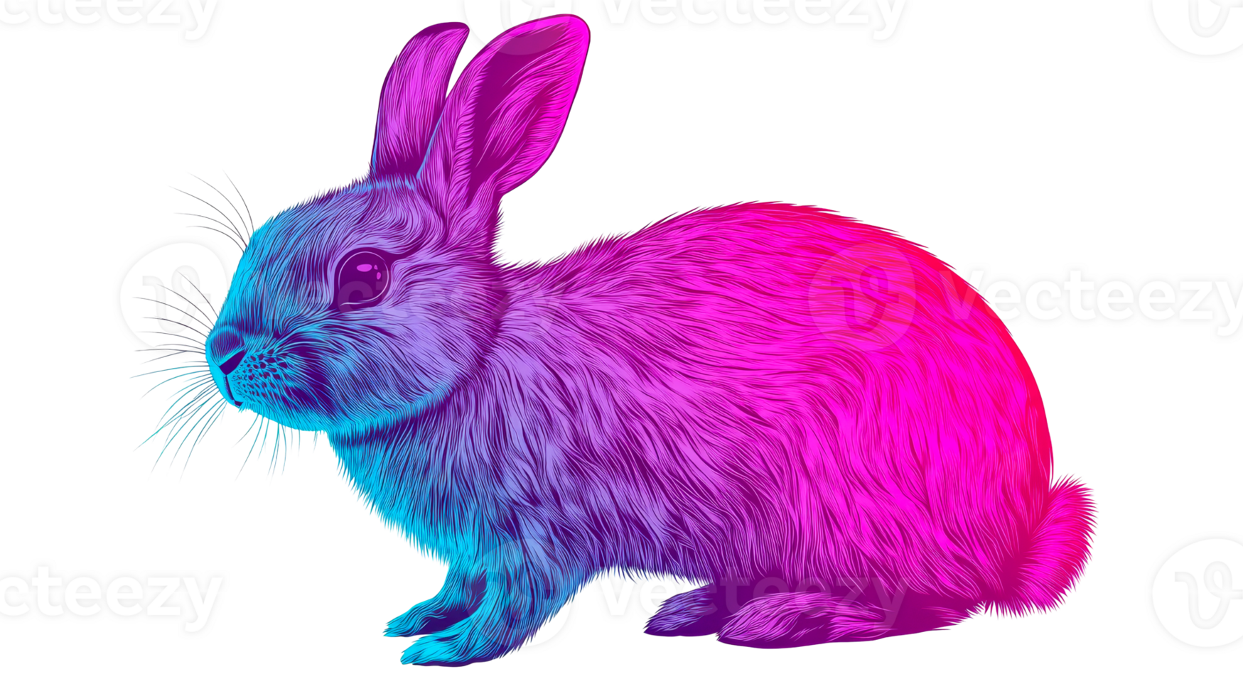 Neon rabbit art on black background for graphic design, cut out transparent png
