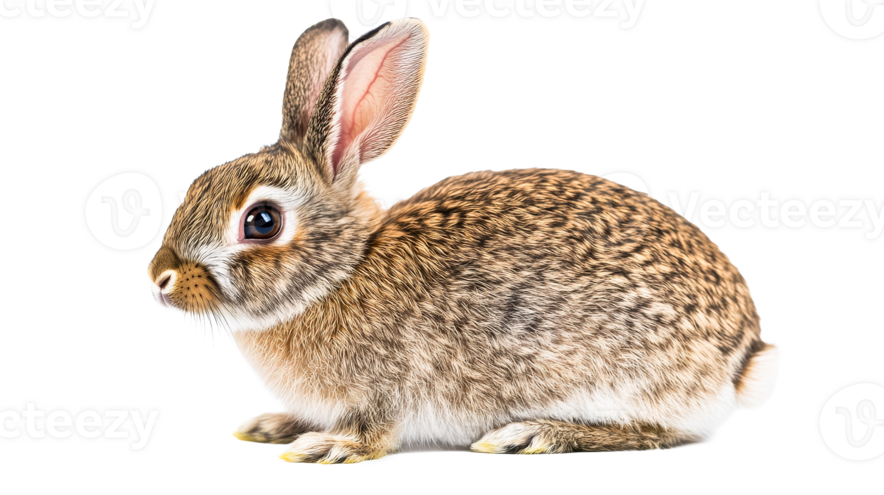 A brown rabbit portrait with detailed fur, looking left, cut out transparent png