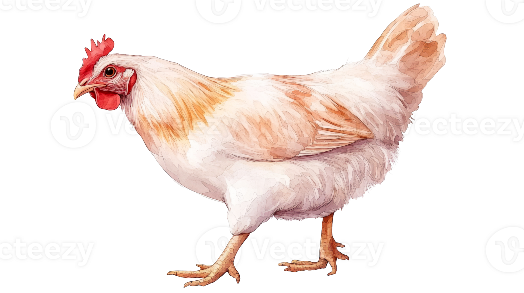 Chicken with white and brown plumage, domestic bird, watercolor, cut out transparent png