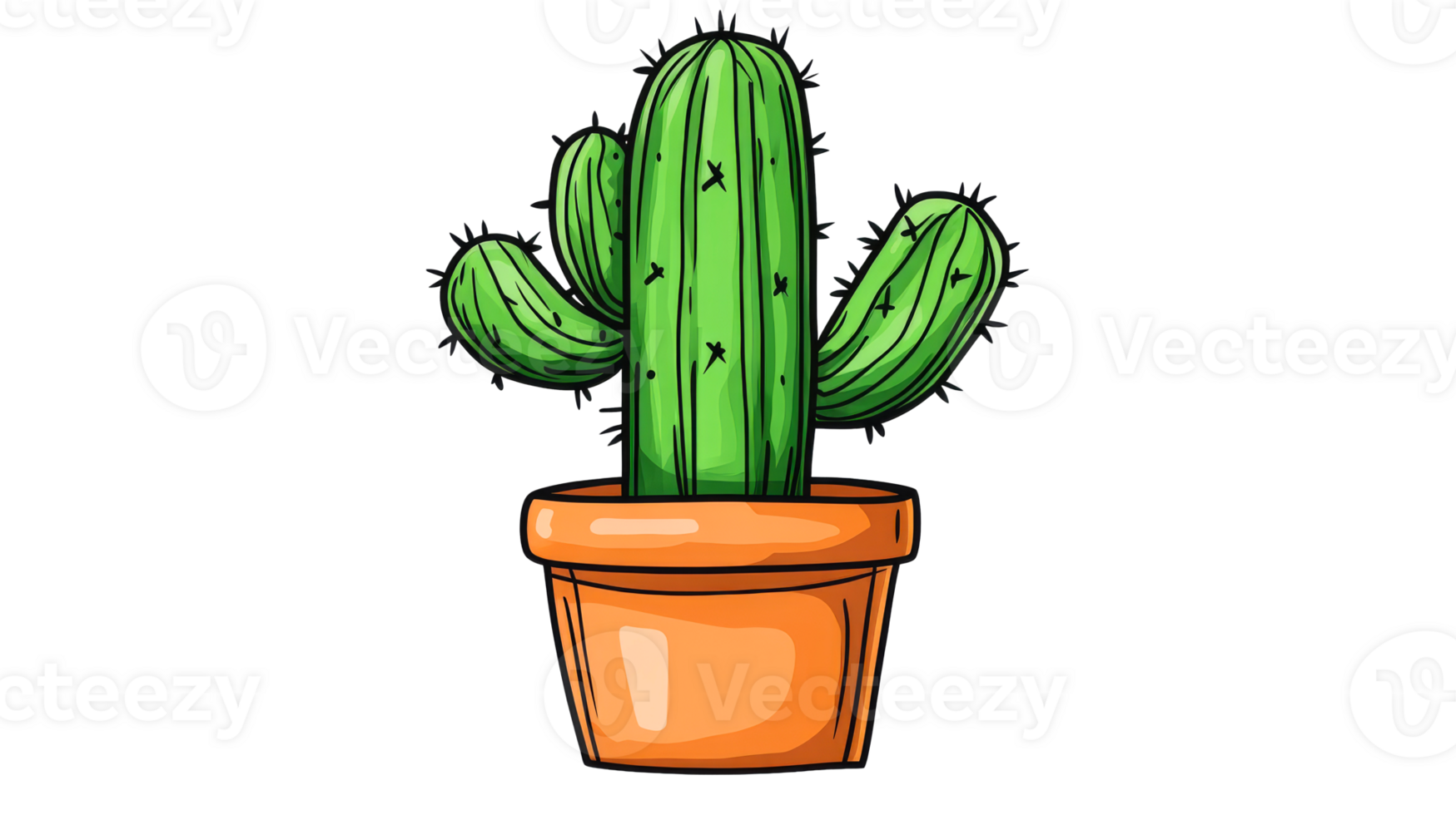 Cartoon cactus in pot, green plant with spines, cut out transparent png