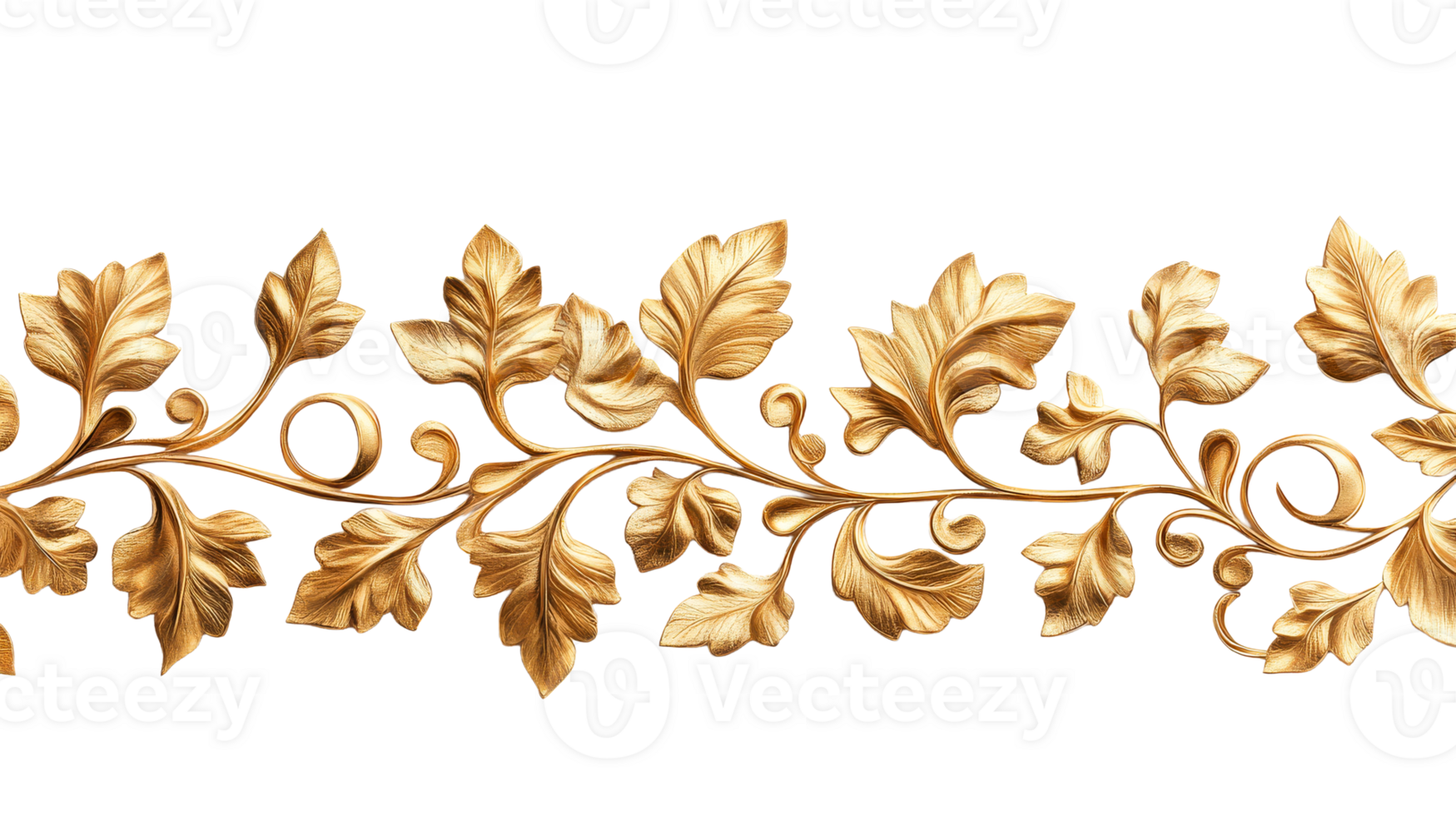 Golden leaf pattern on a black background. Decorative element, cut out transparent png