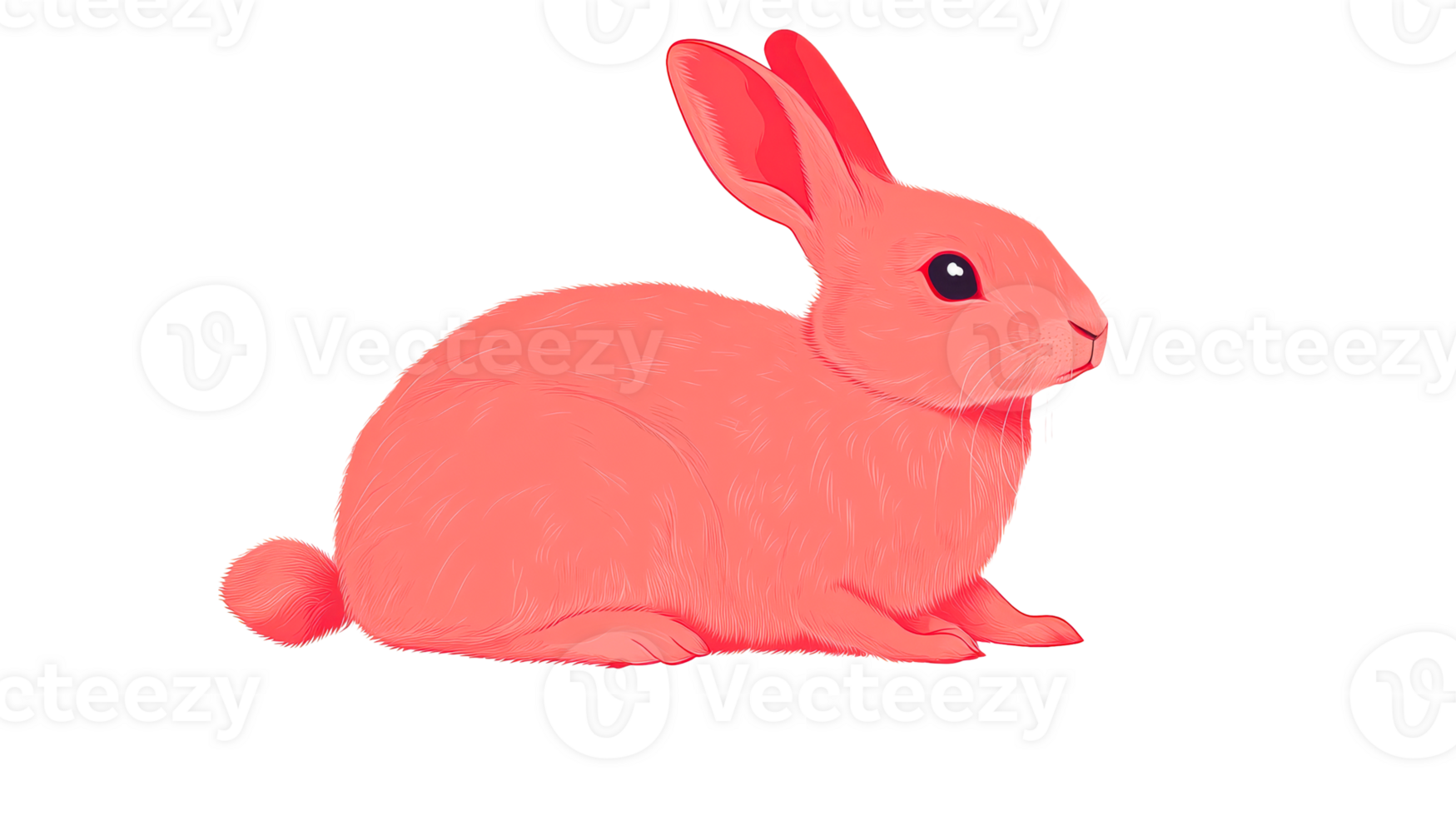 Sitting pink rabbit with soft fur looking right, cut out transparent png