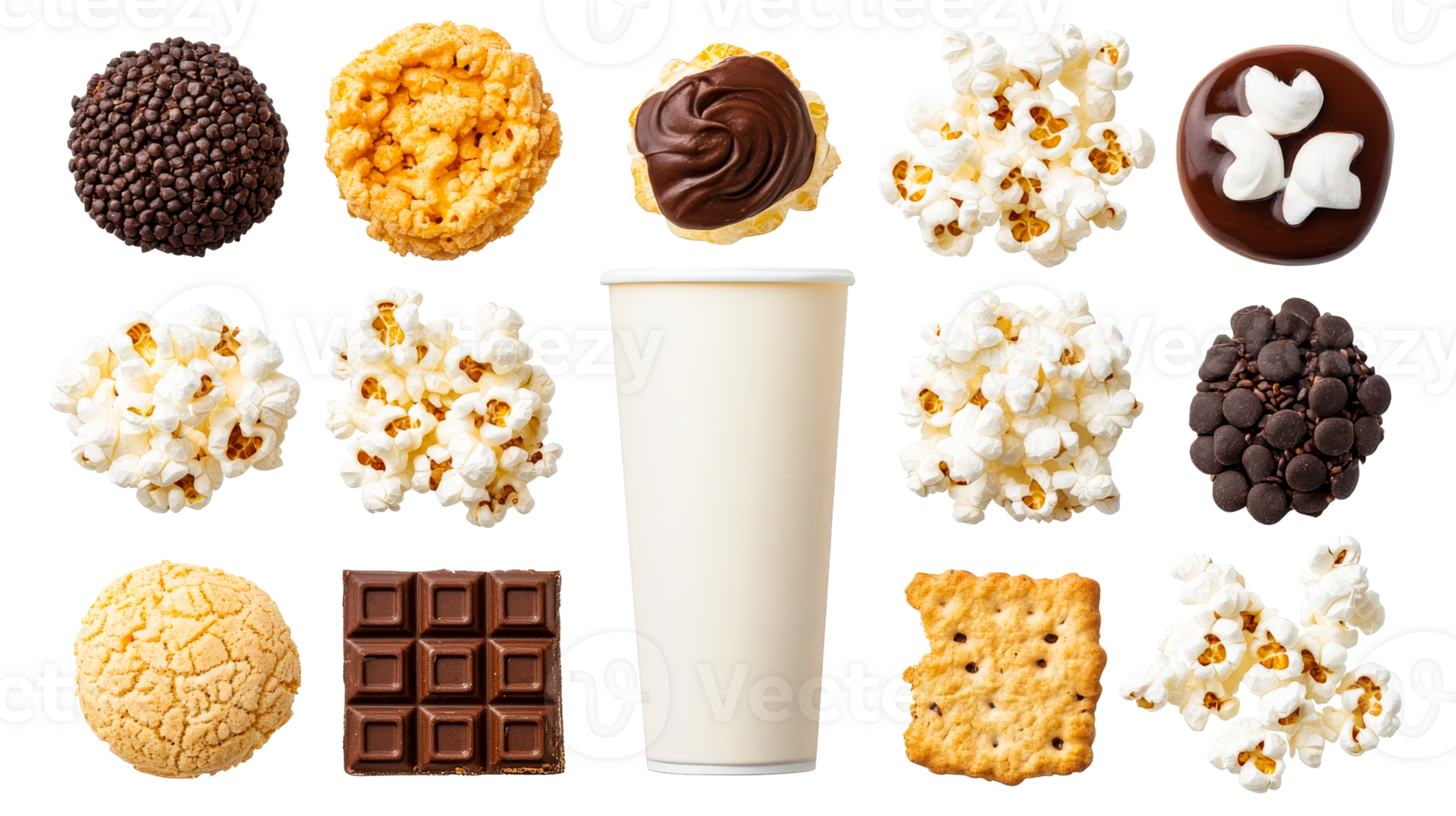 Assorted Confections and Snacks, Black Background, Top View, cut out transparent png