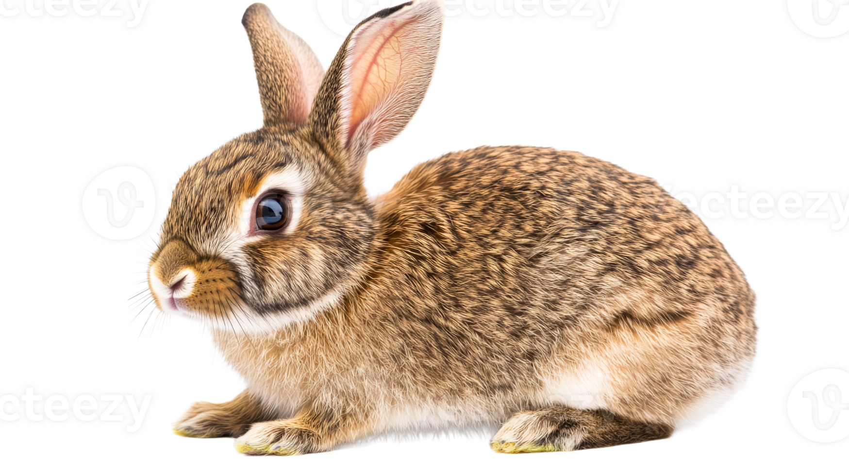 Brown bunny crouching quietly against black backdrop, cut out transparent png