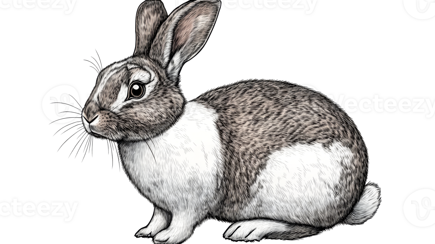 Rabbit portrait with detailed fur texture and long ears, cut out transparent png
