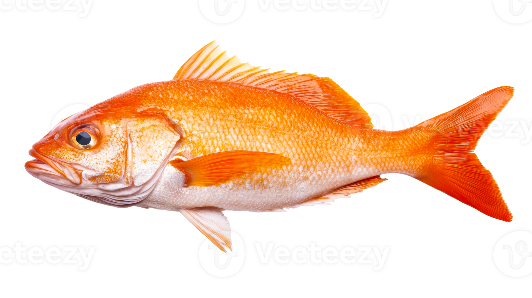 Orange fish with scales, on black background, detailed anatomy, cut out transparent png
