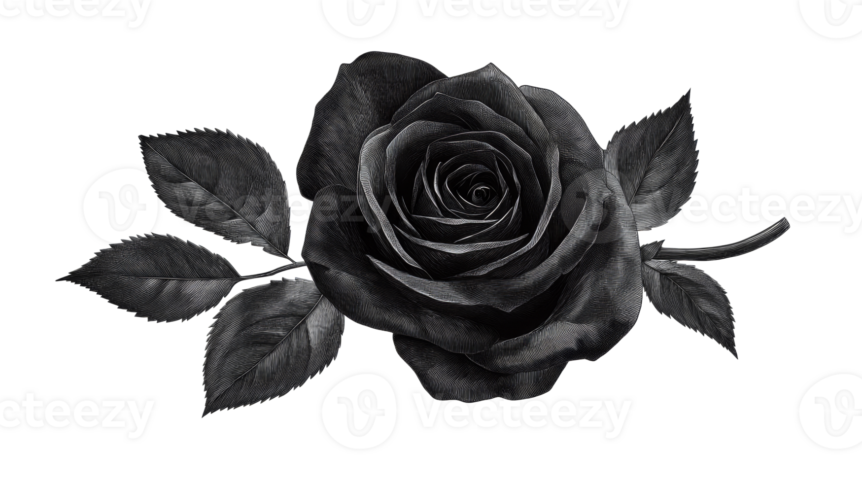 Rose with leaves in vintage engraving style, cut out transparent png