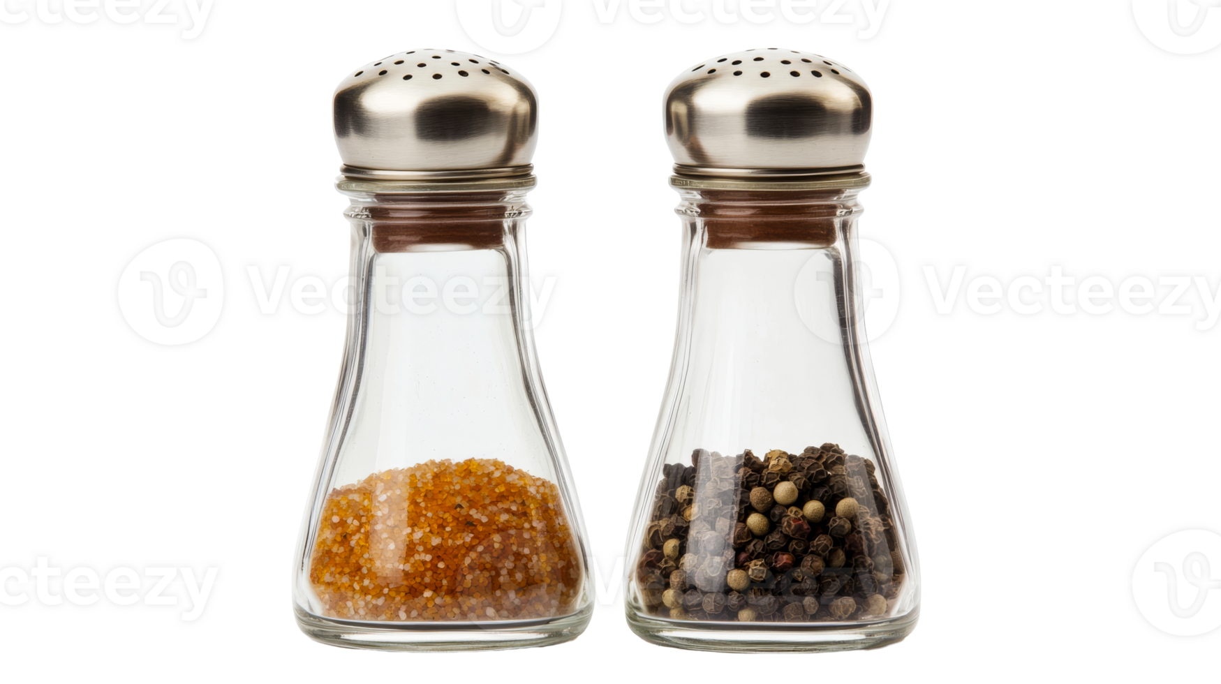 Salt and pepper shakers, glass containers with spices, cut out transparent png