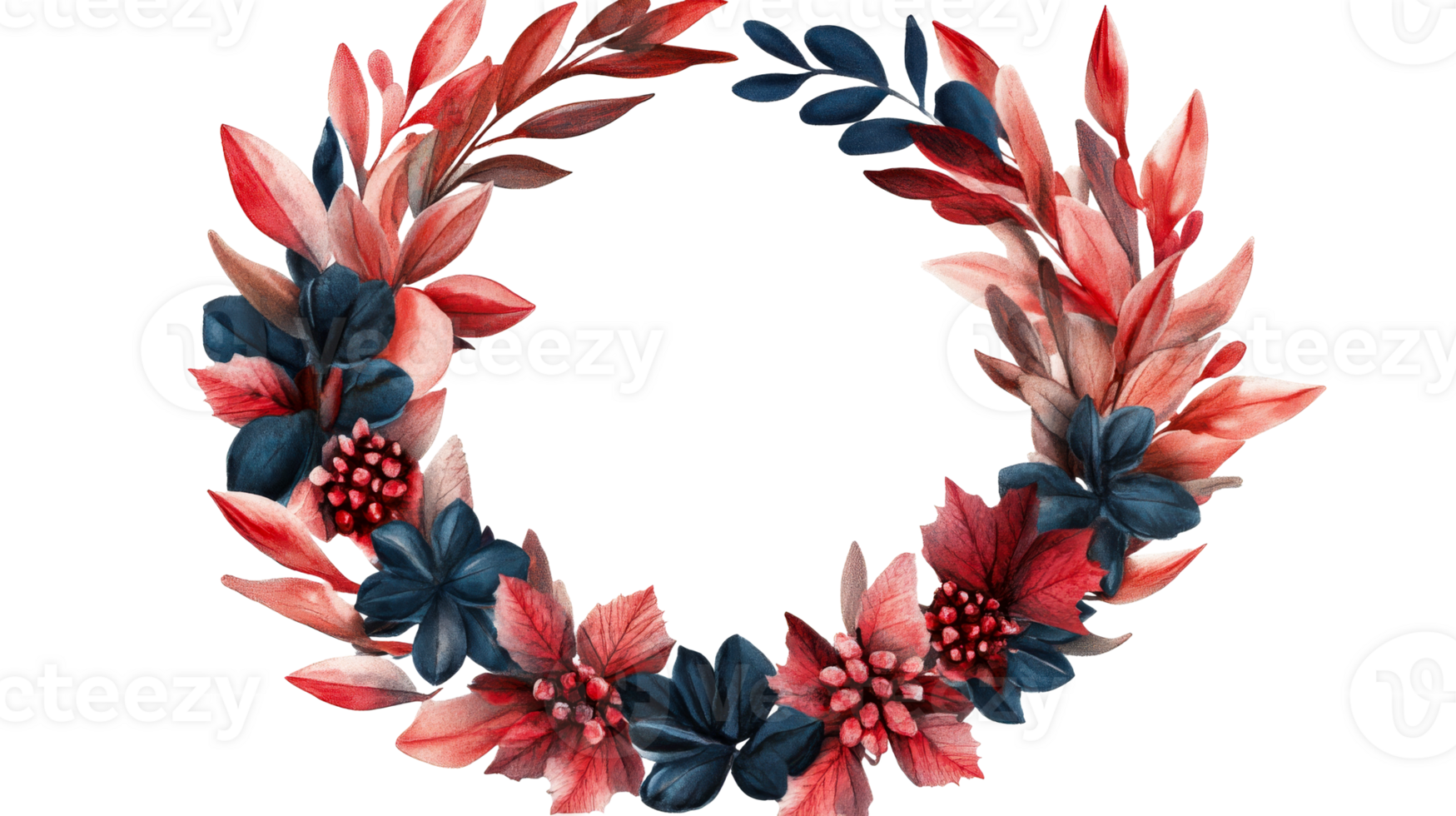 Wreath of watercolor leaves and berries in warm and dark tones, cut out transparent png