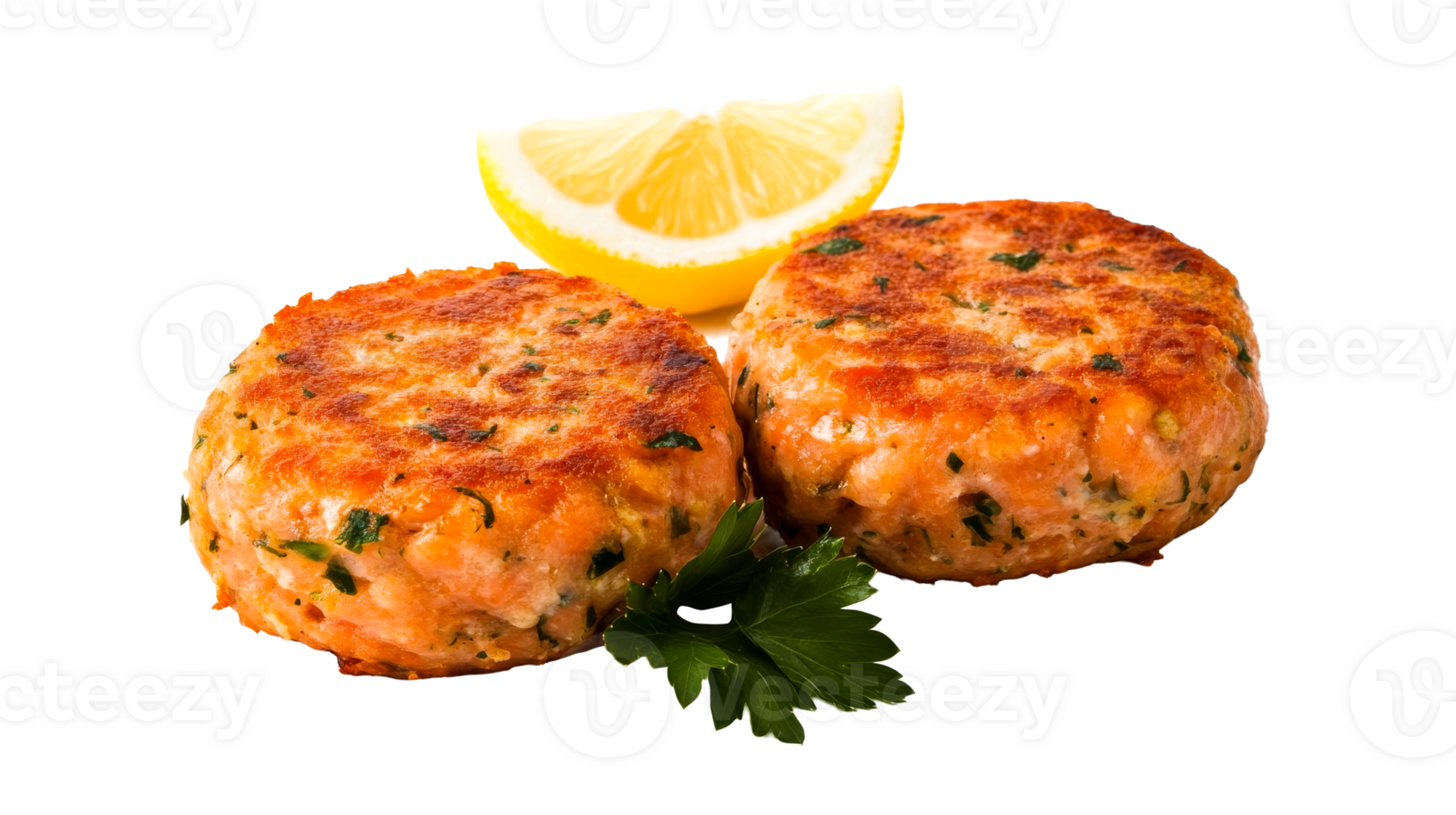 Two fish cakes garnished with lemon, cut out transparent png