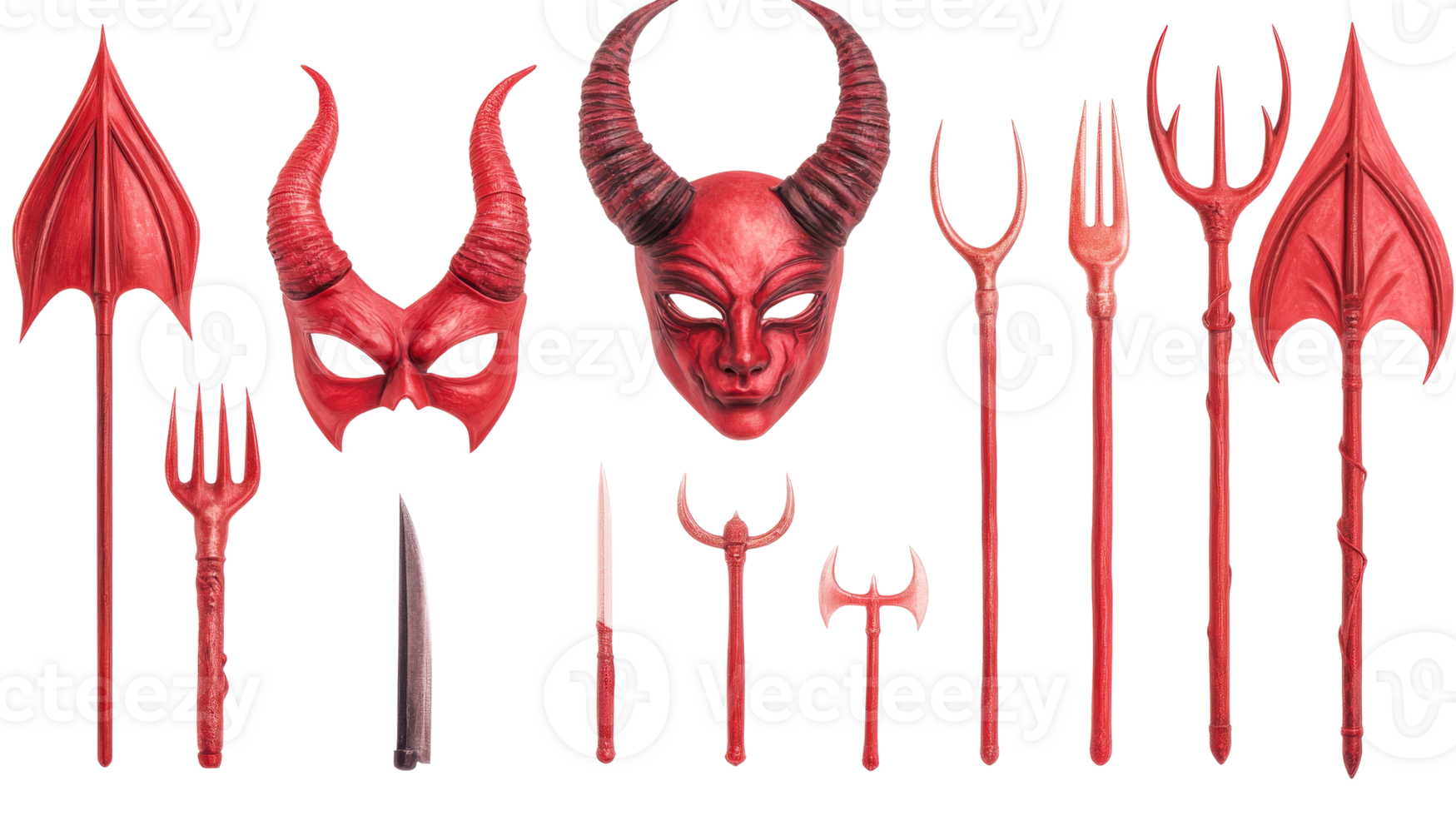 Collection red devil masks, pitchforks set against black, cut out transparent png