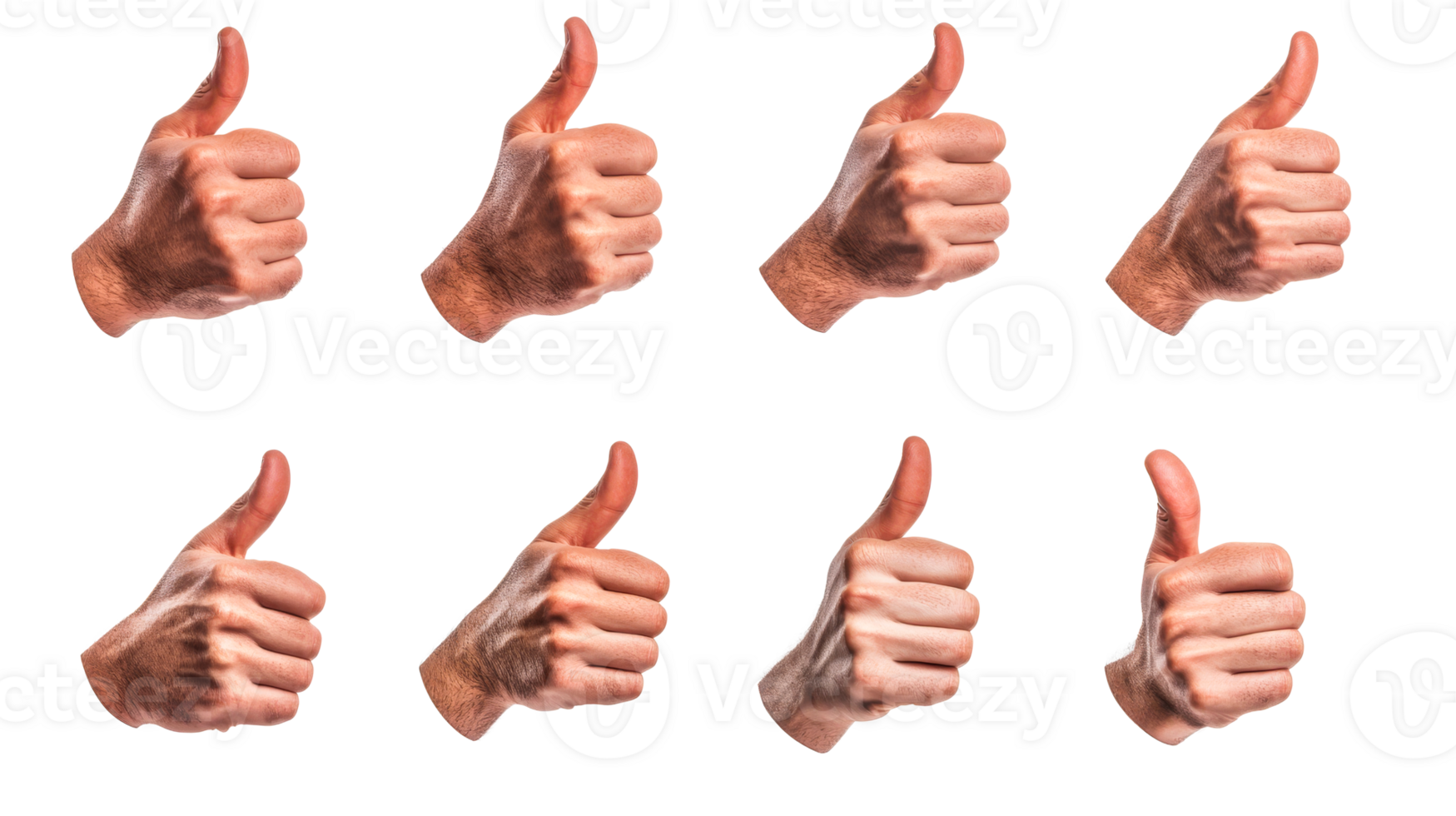 Thumbs Up Hand Gestures in a Row on Black, cut out transparent png