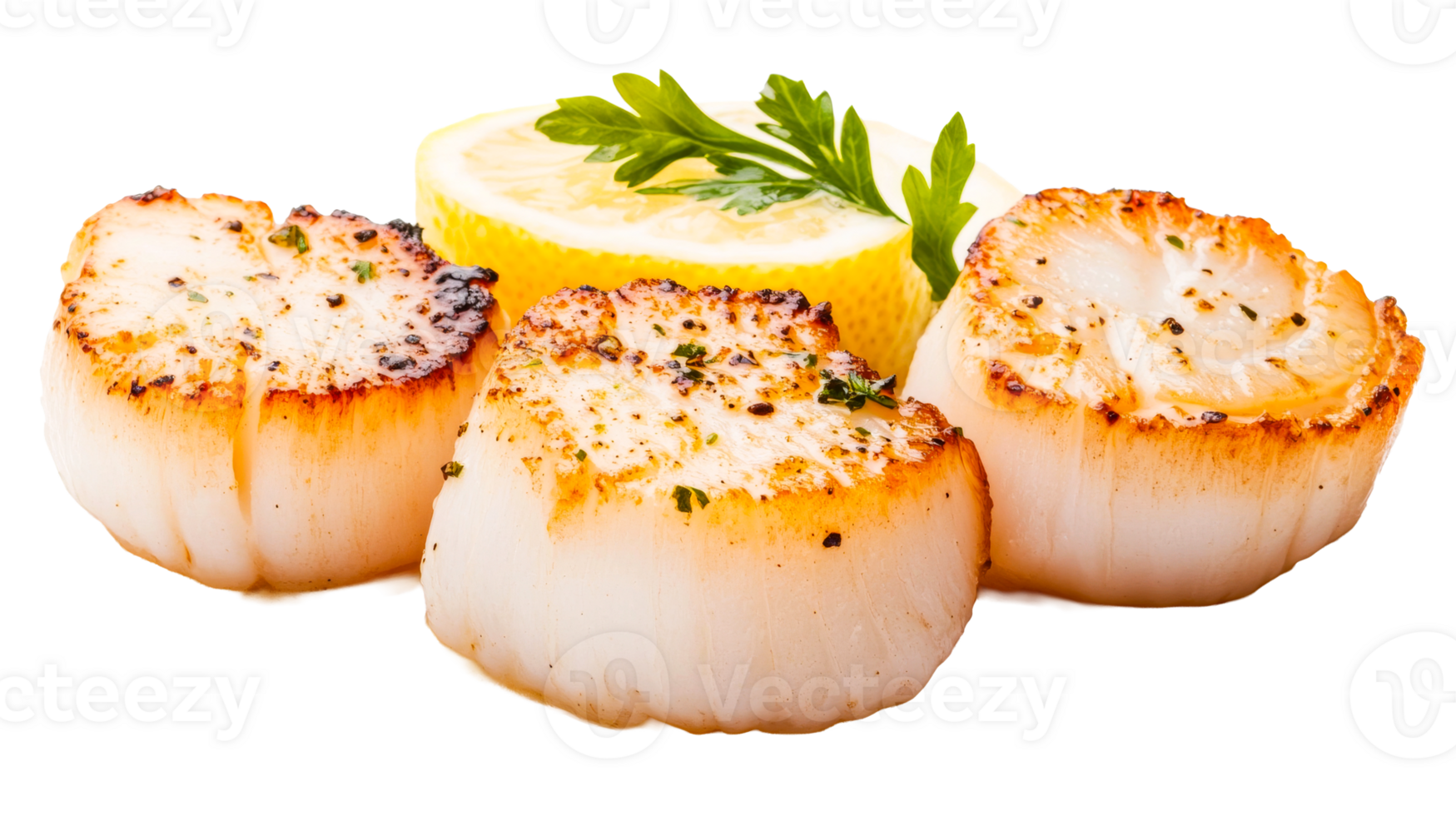 Delicious Scallops Served with Lemon and Parsley, cut out transparent png