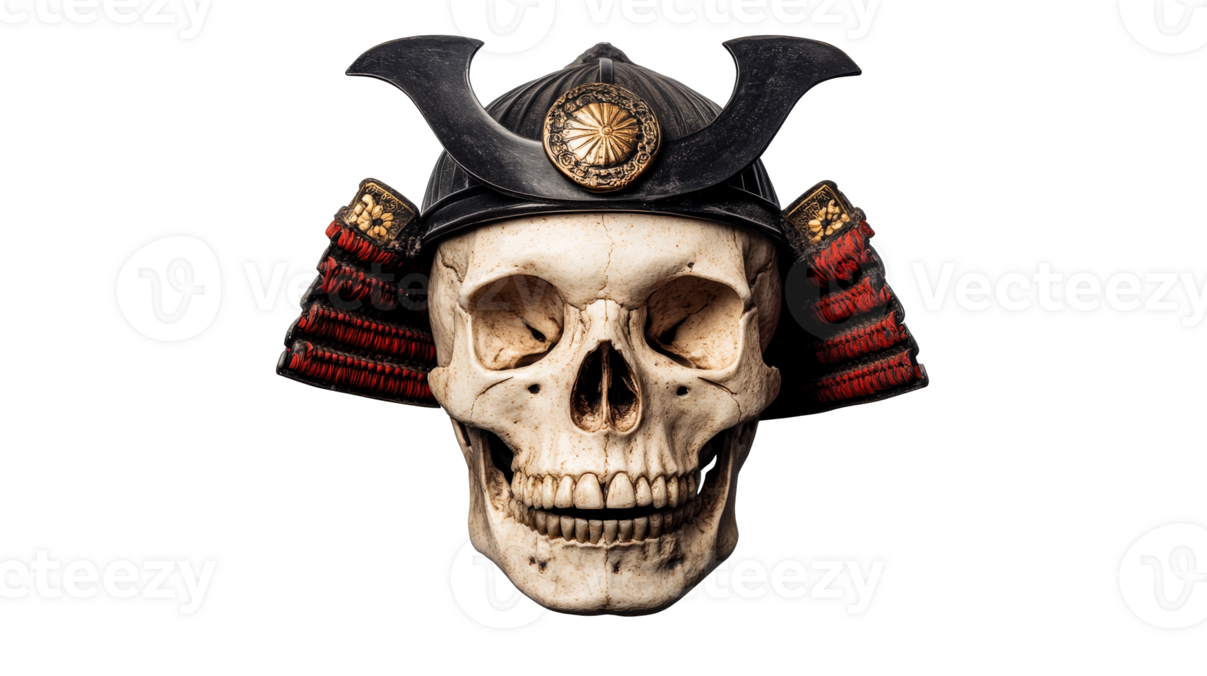 Samurai Skull with Helmet on Black Background, cut out transparent png