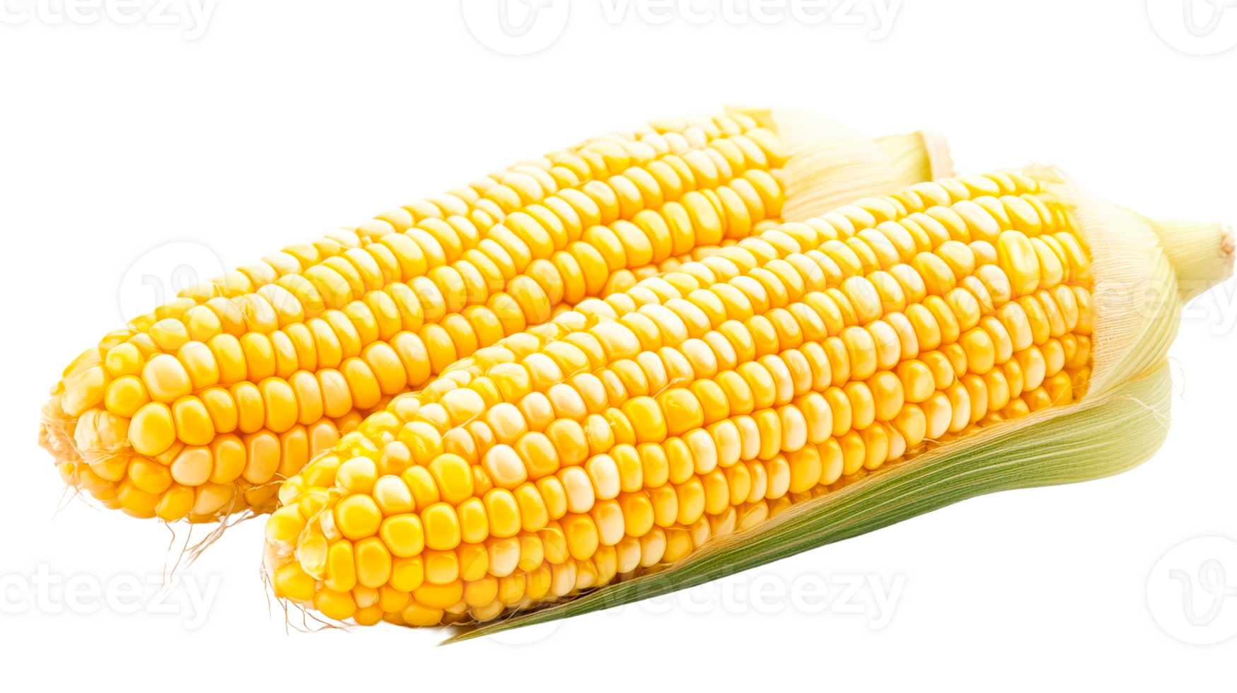 Two ripe ears of corn with husk isolated, cut out transparent png