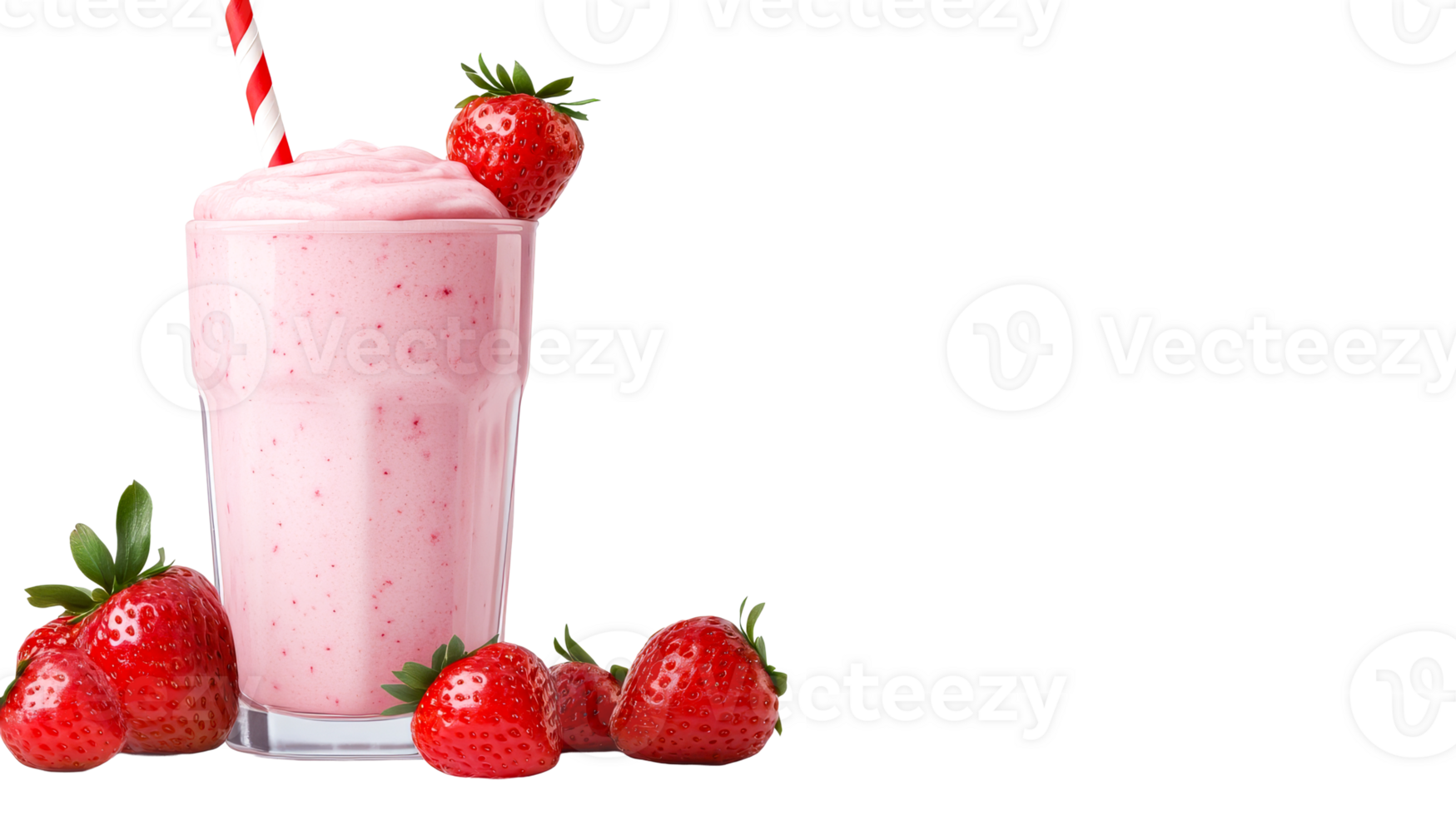 Strawberry smoothie with berries, glass, and straw, cut out transparent png