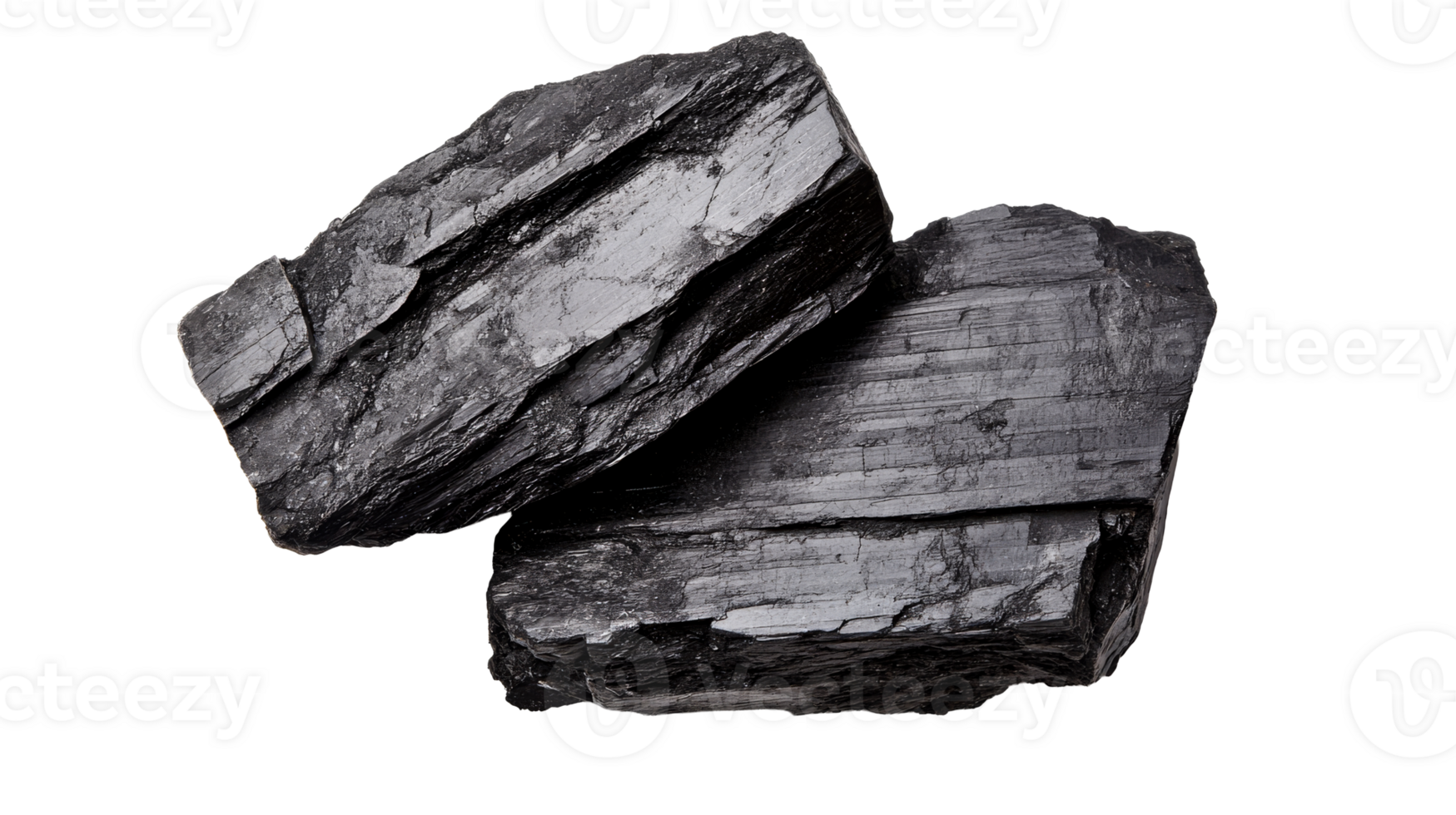 Two coal lumps, closeup, texture, shiny, dark rock stone, cut out transparent png