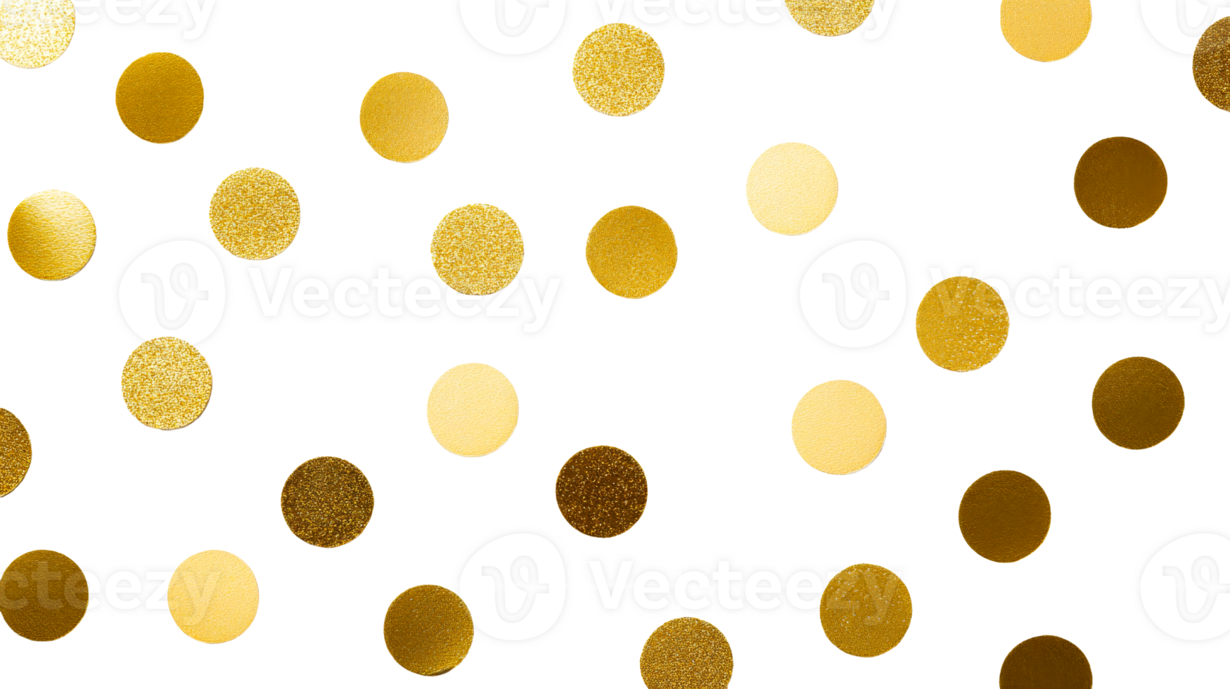Golden confetti scattered on black background, cut out transparent png