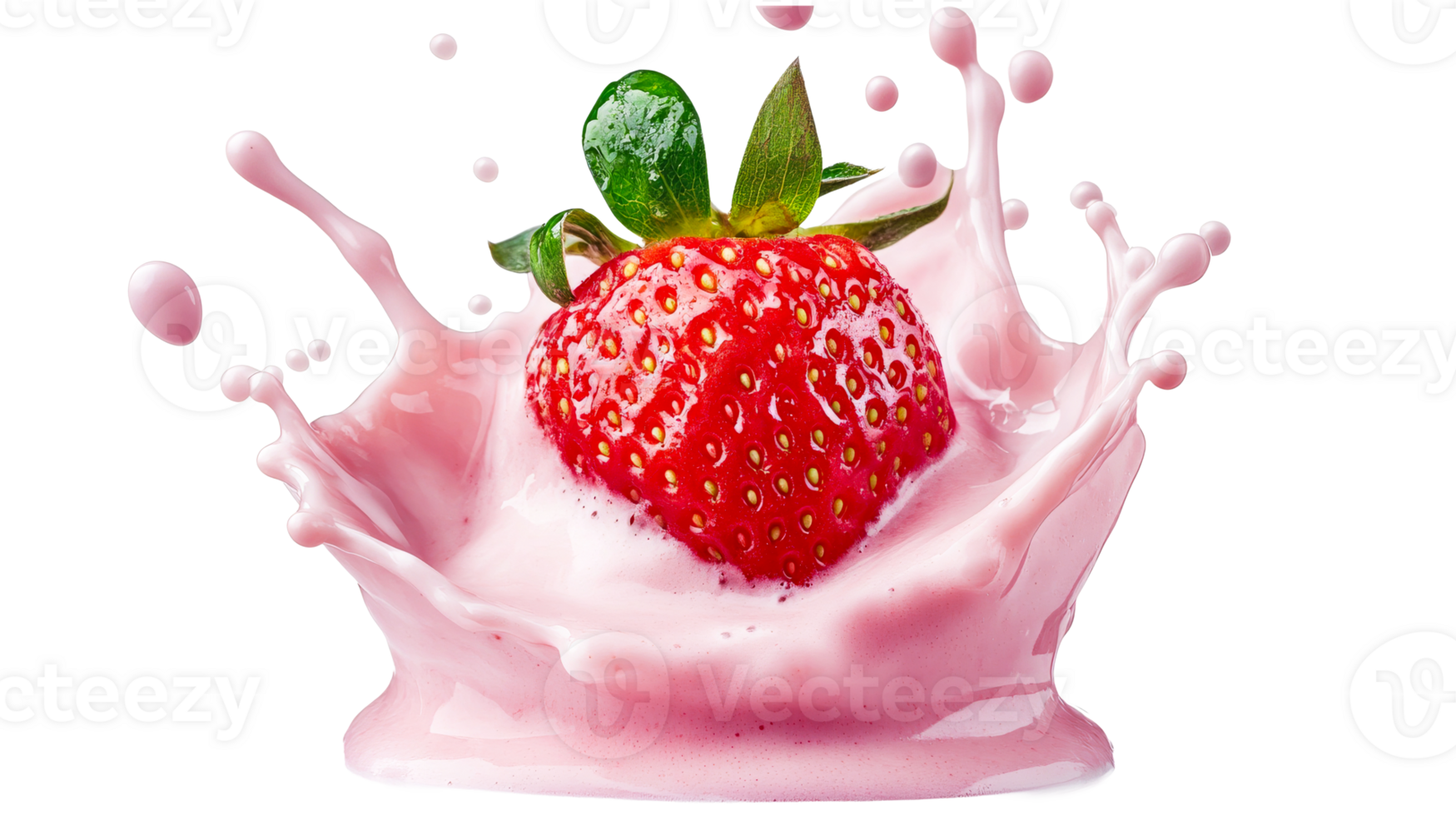 Strawberry splashing into pink milk isolated on black, cut out transparent png