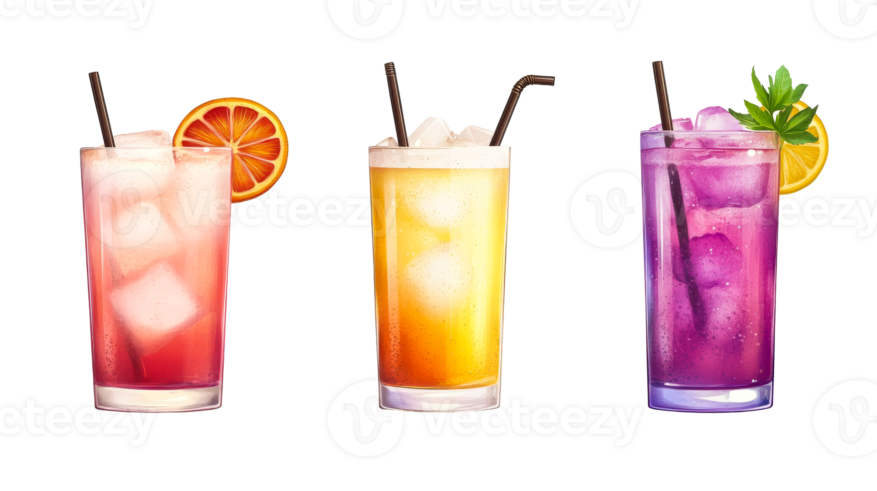 Refreshing colorful cocktail collection with ice, citrus garnish, cut out transparent png