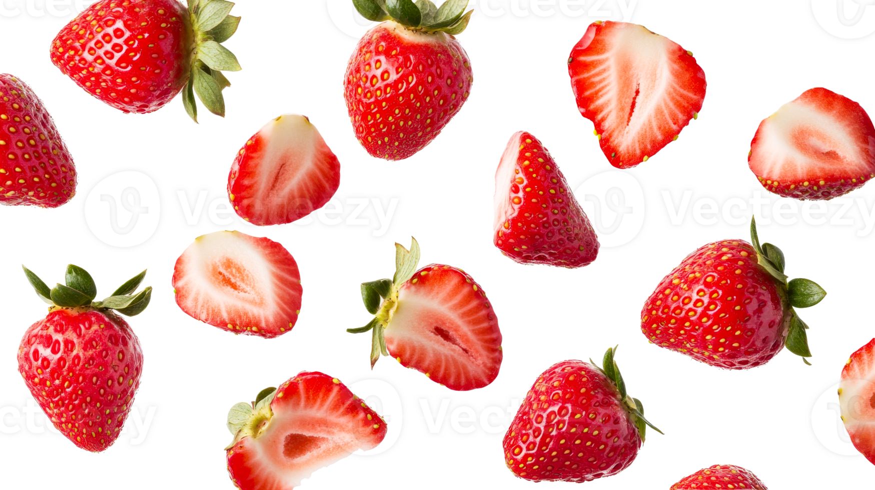Fresh ripe strawberries, whole and sliced, food background, cut out transparent png