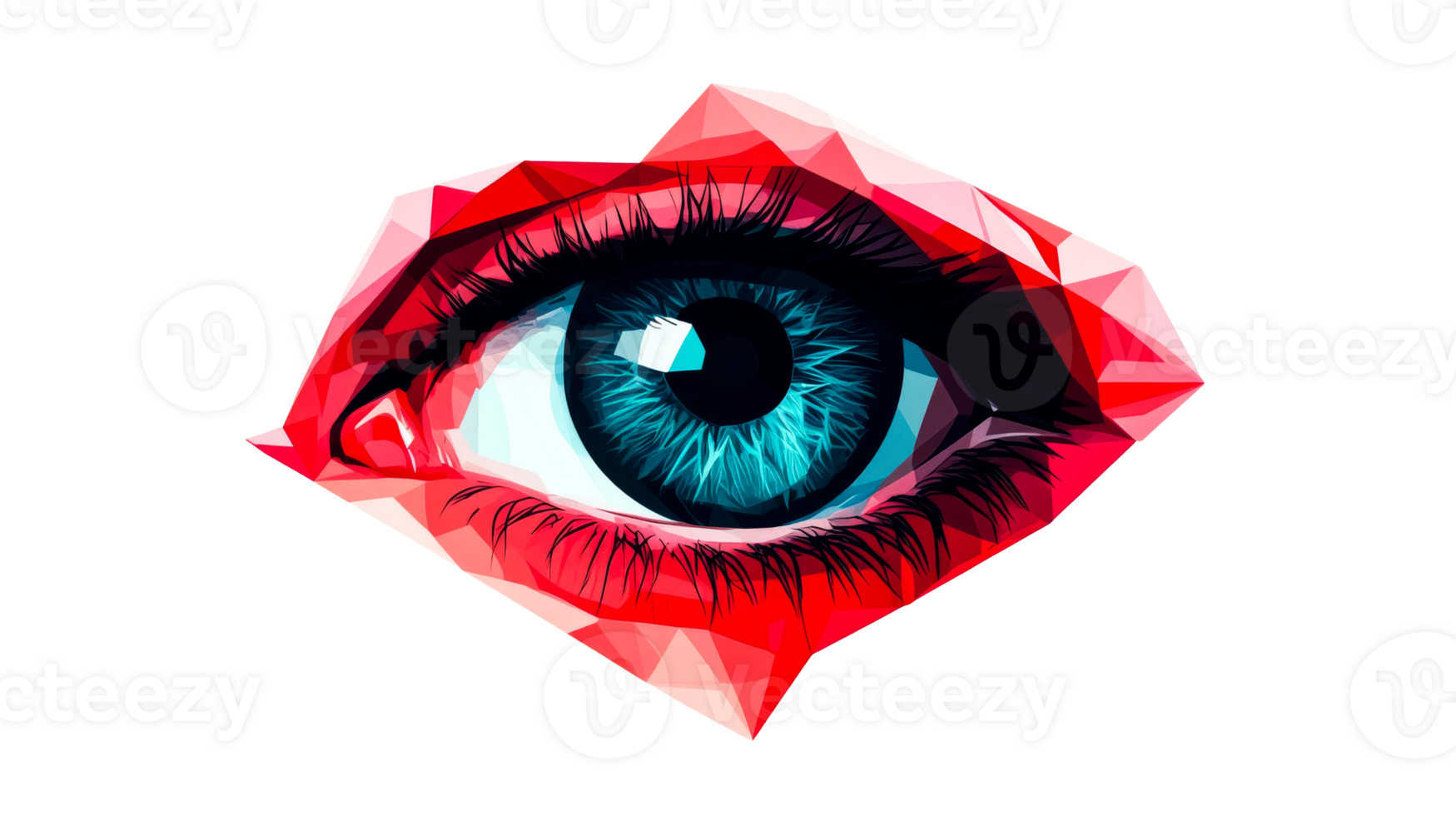Low polygonal eye, iris blue color, crystal skin, red, look , cut out transparent png