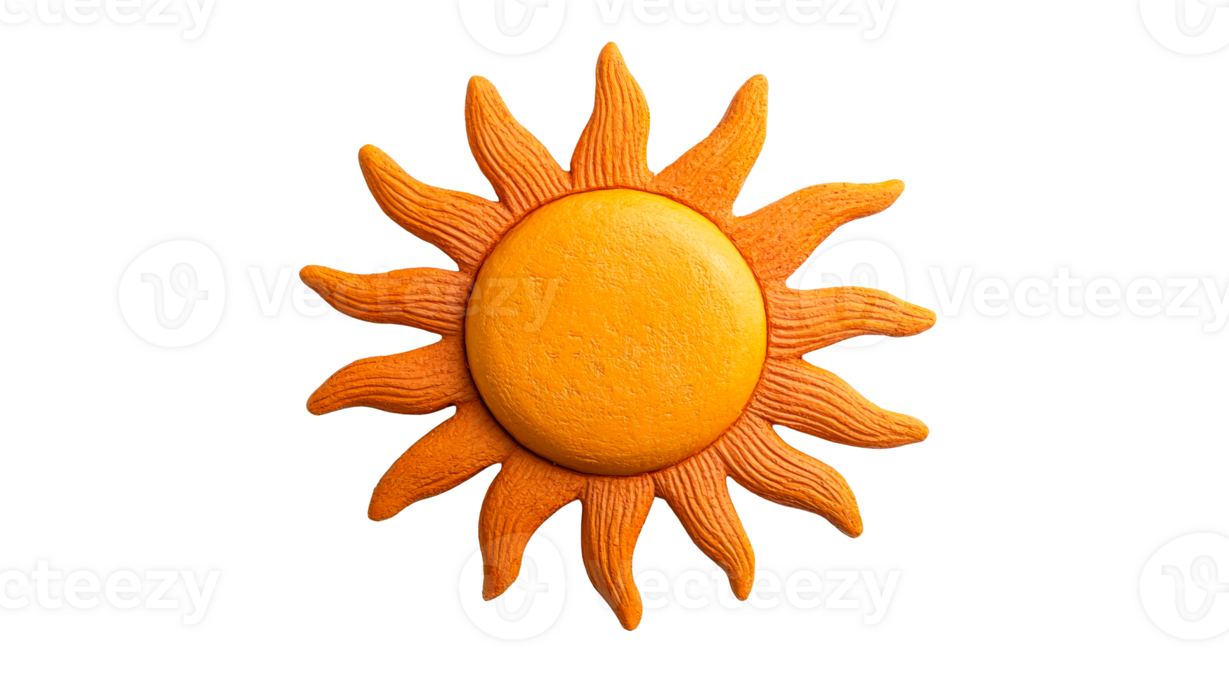 Handcrafted yellow sun with many rays, 3d render, cut out transparent png