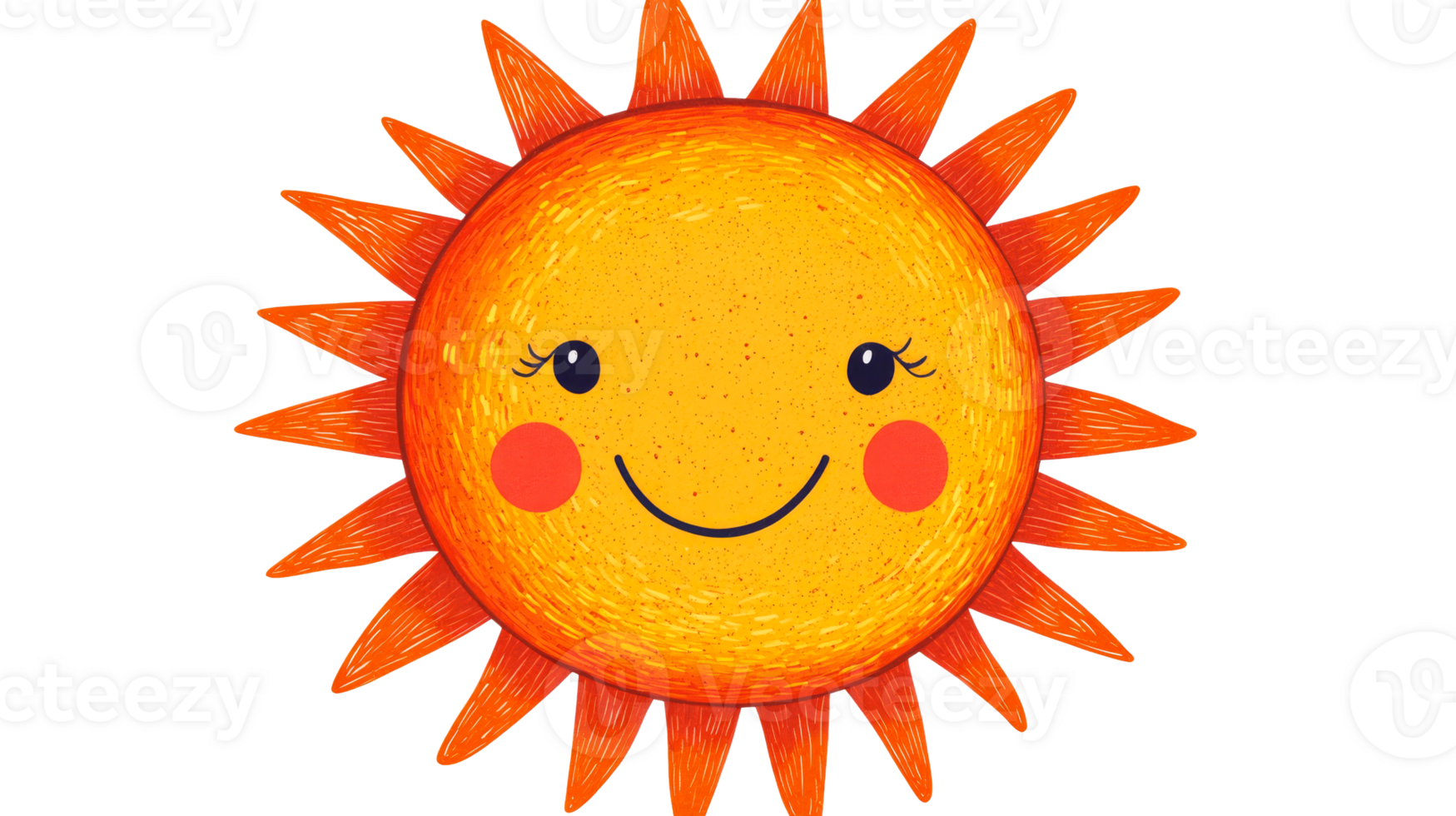 Cute sun with face, smiling expression and orange rays, cut out transparent png