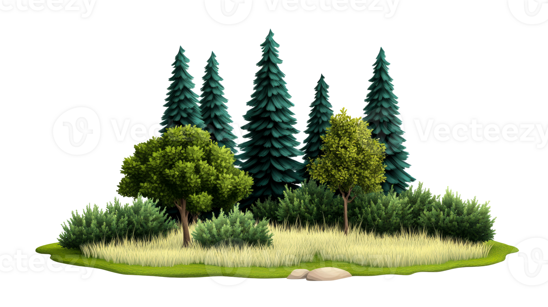 Forest landscape with fir trees and deciduous trees, cut out transparent png