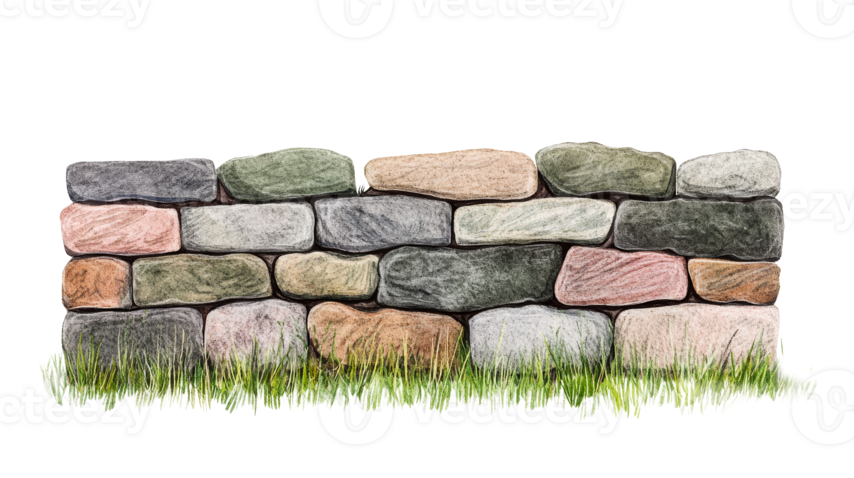 Stone Wall with Grass, Artistic Stone Design, Seamless, cut out transparent png