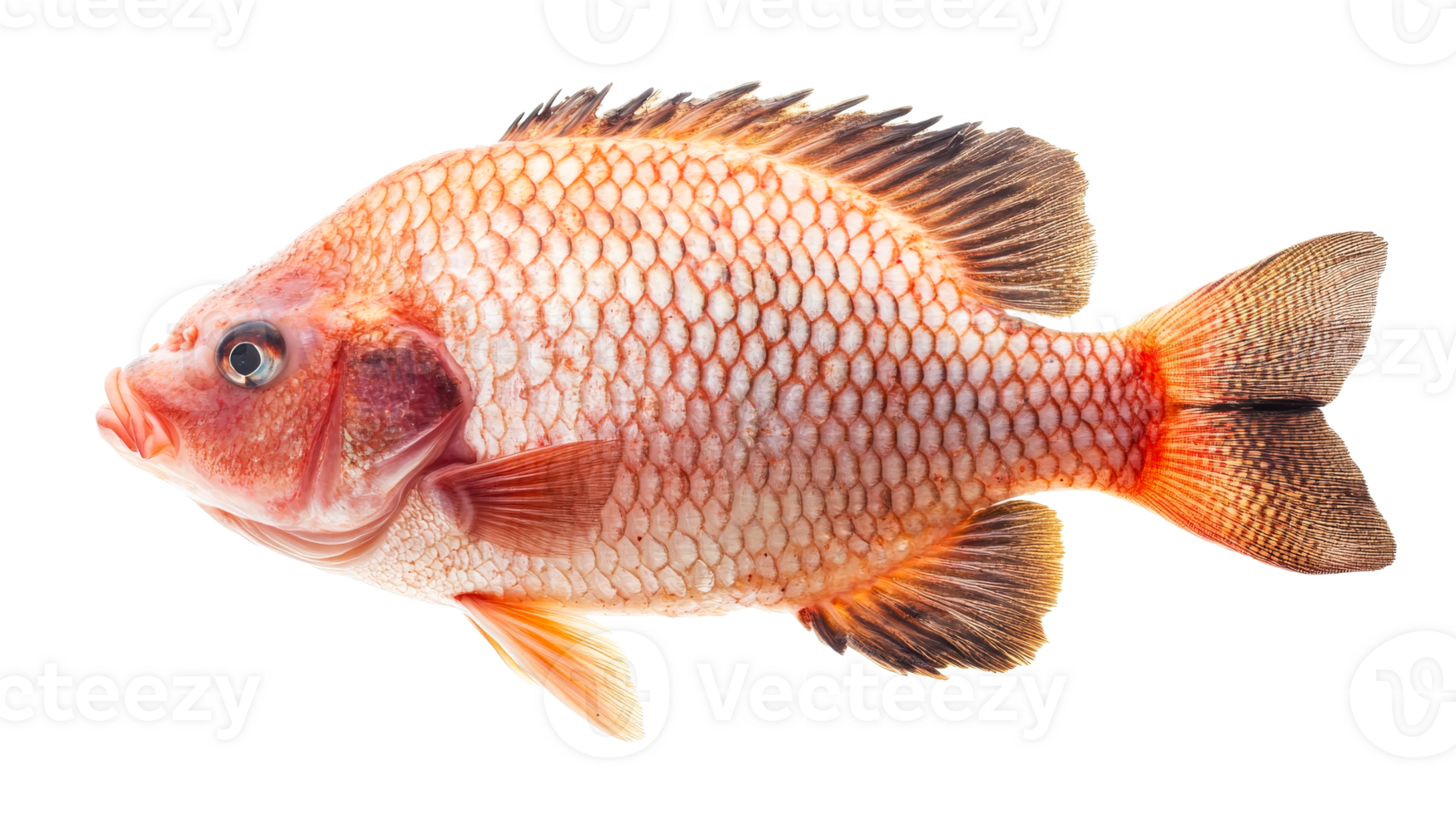 Red tilapia fish with scales in detail, cut out transparent png