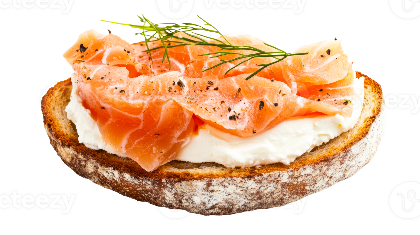 Smoked salmon toast with cream cheese,dill garnish,isolated snack,cut out transparent png