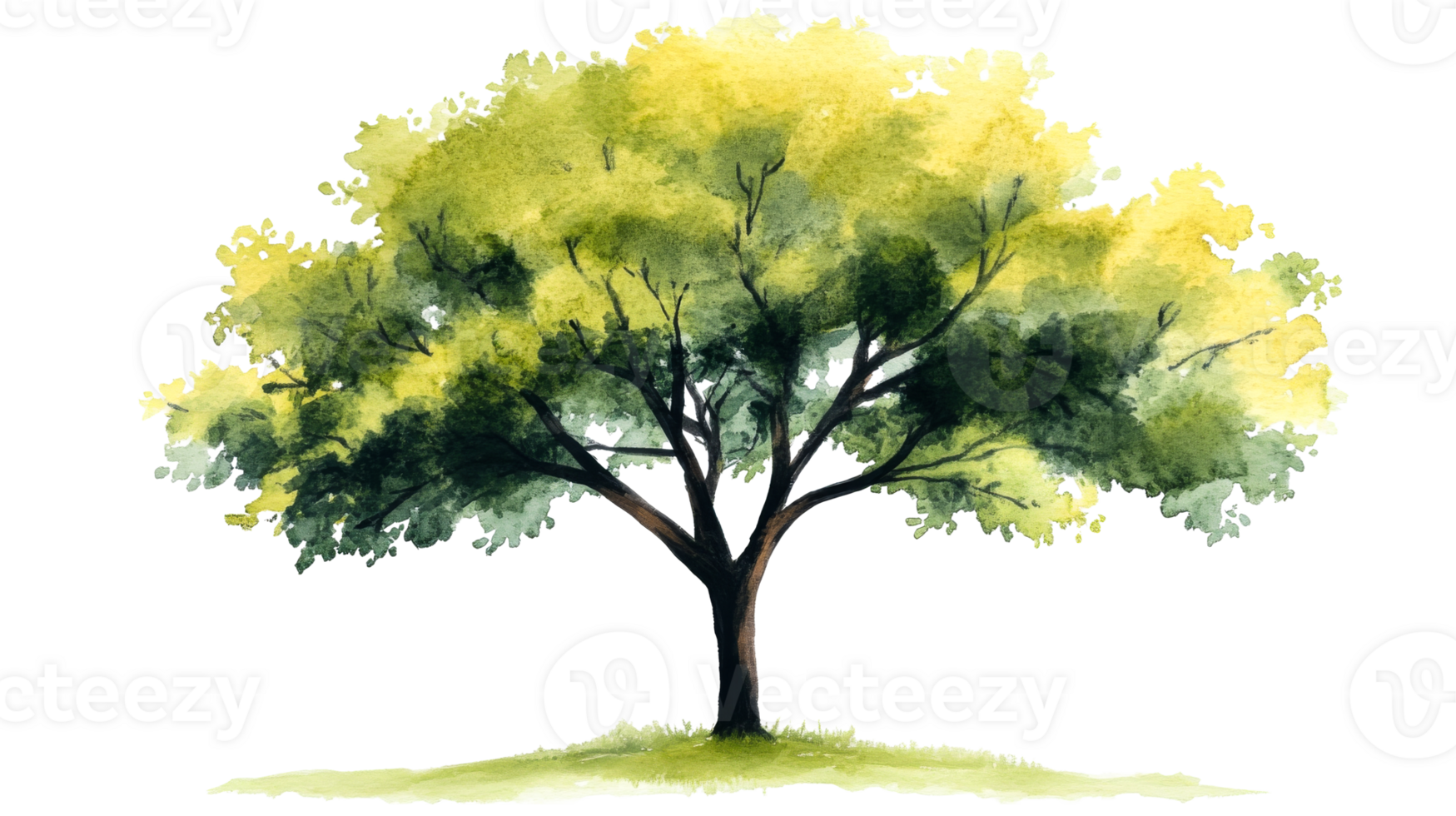 Watercolor tree with vibrant green leaves, cut out transparent png