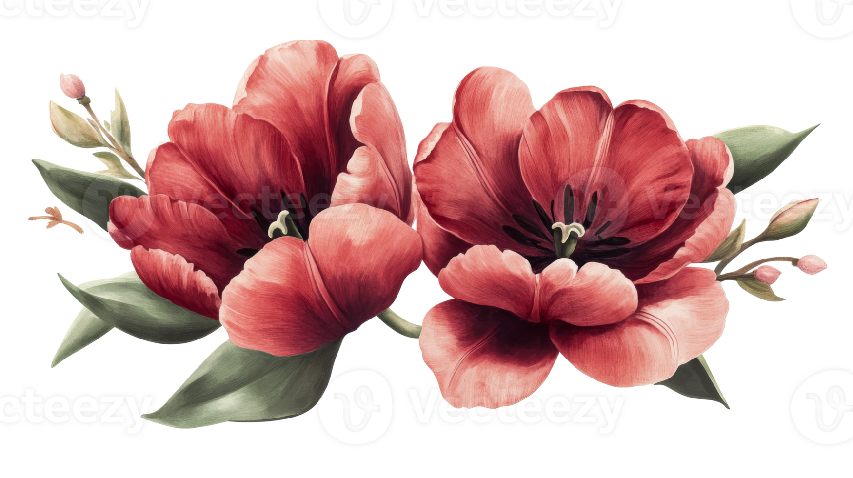Two dark red tulips on a black background, floral arrangement, cut out transparent png