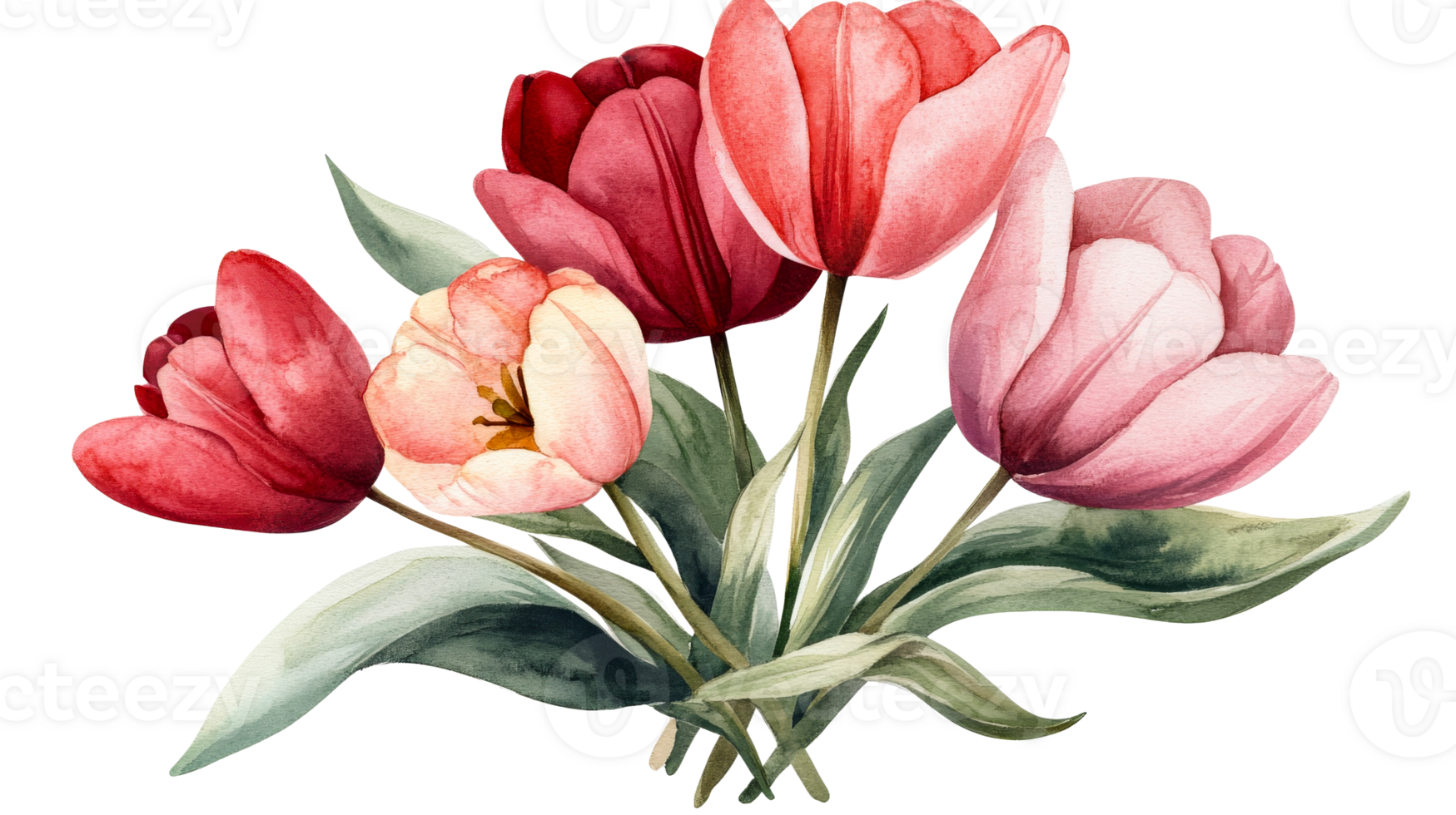 Watercolor tulips bouquet, red, pink flowers, blossom, green leaves, cut out transparent png