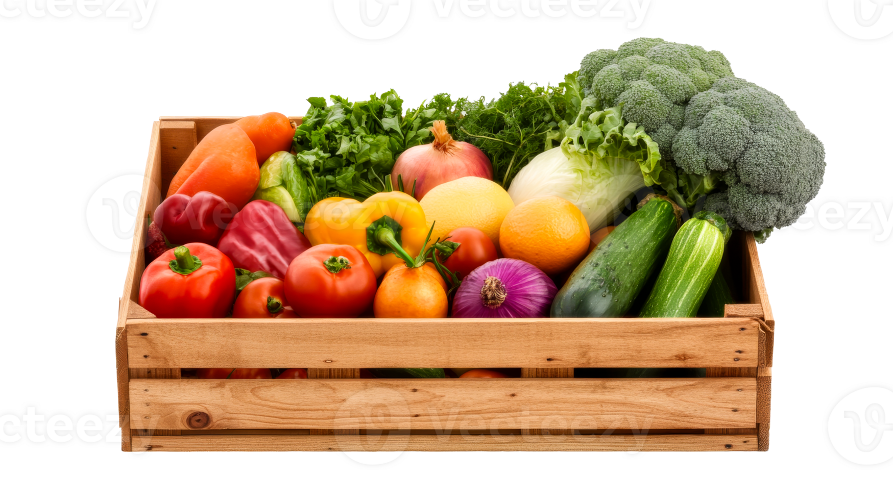 Fresh vegetables assortment in wooden crate, isolated, cut out transparent png