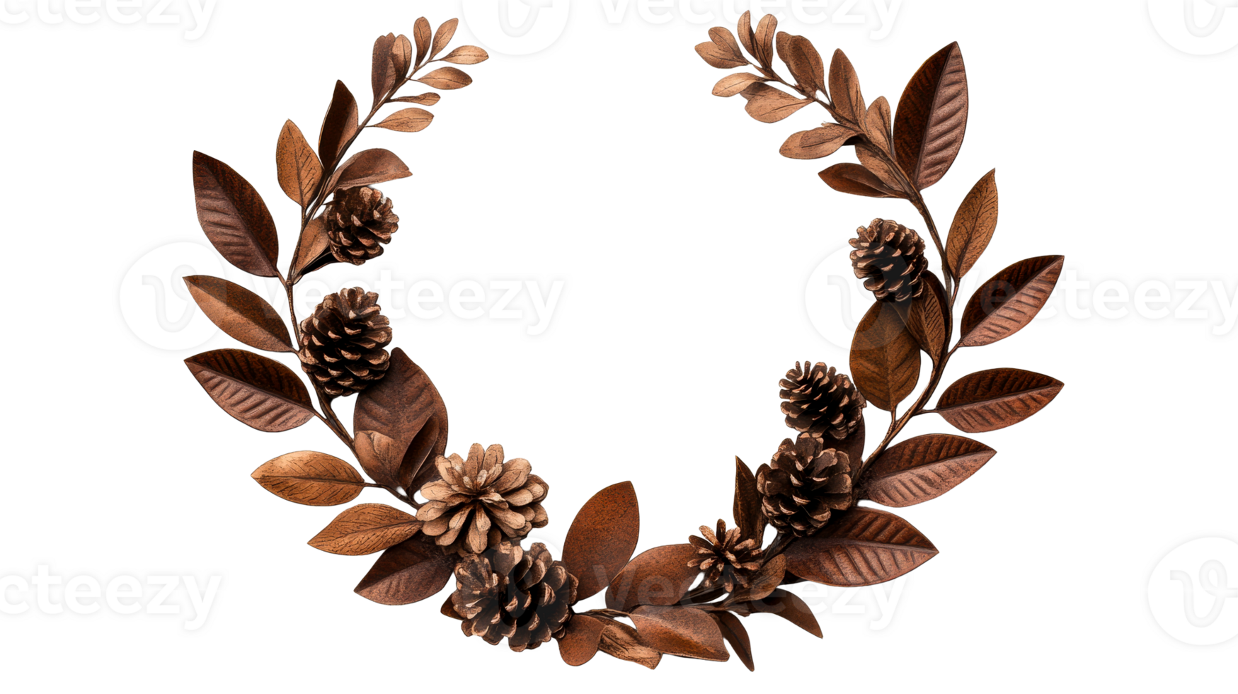 Copper leaves wreath with pine cones, foliage decoration, cut out transparent png