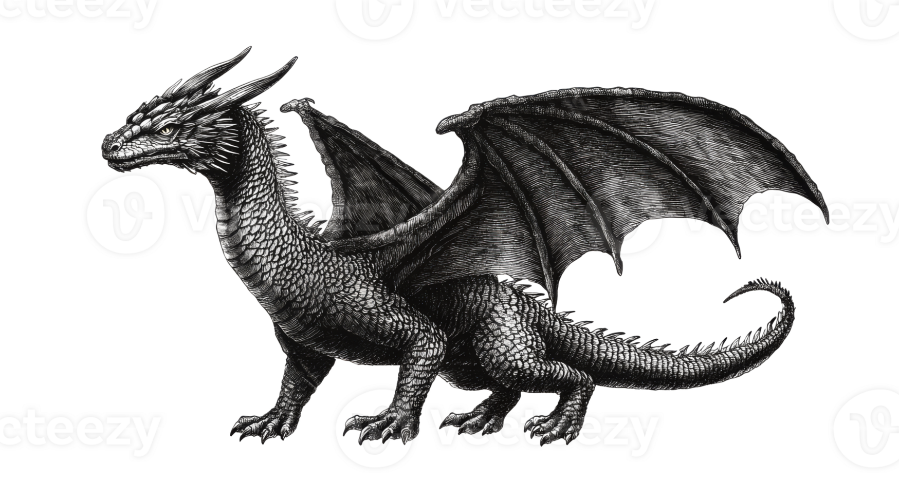 Dragon illustration with detailed scales and wings, cut out transparent png