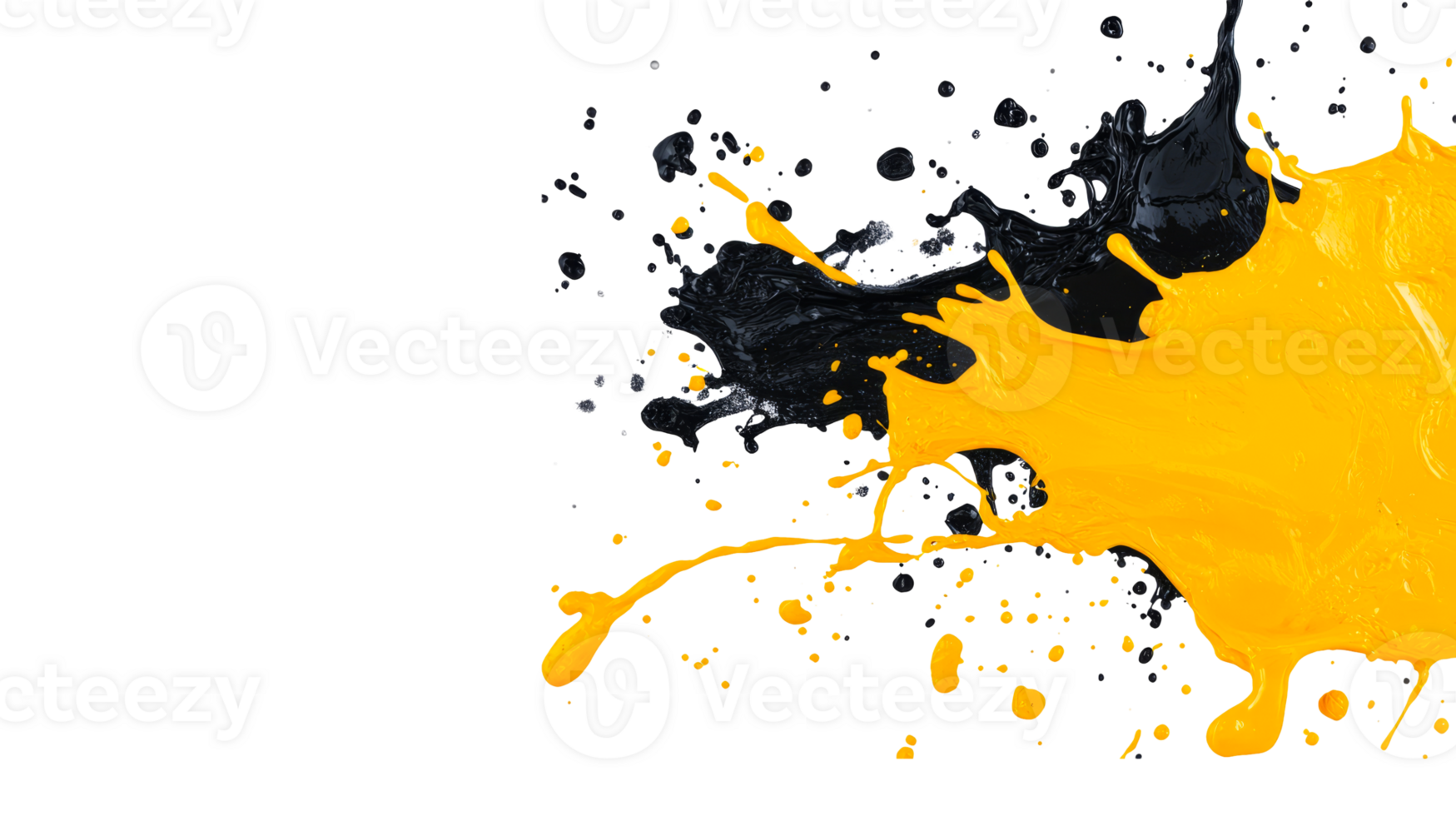 Splashes of black and yellow paint are contrasting, abstract, cut out transparent png