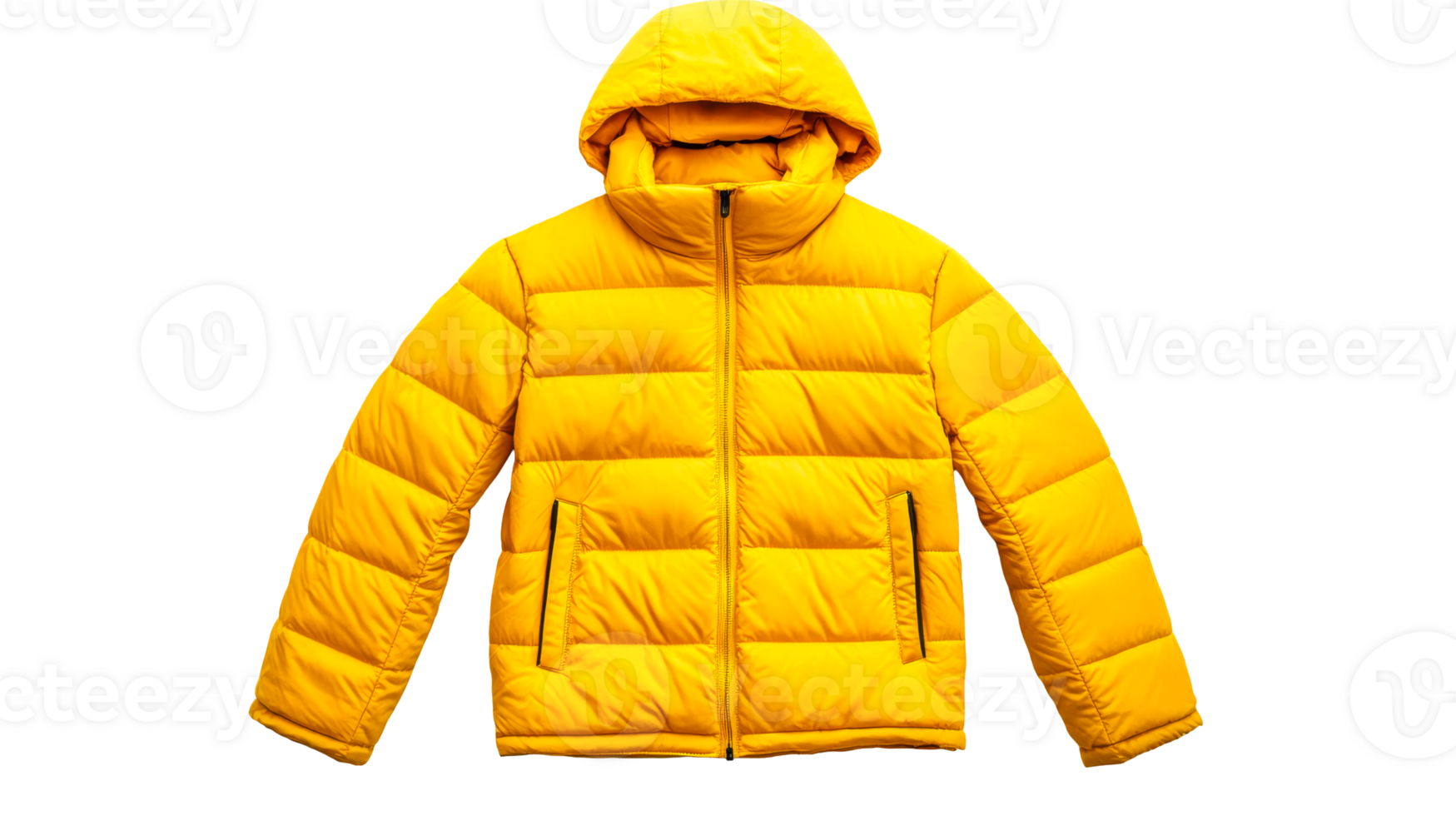 Stylish yellow puffer jacket with hood, warm and trendy, cut out transparent png