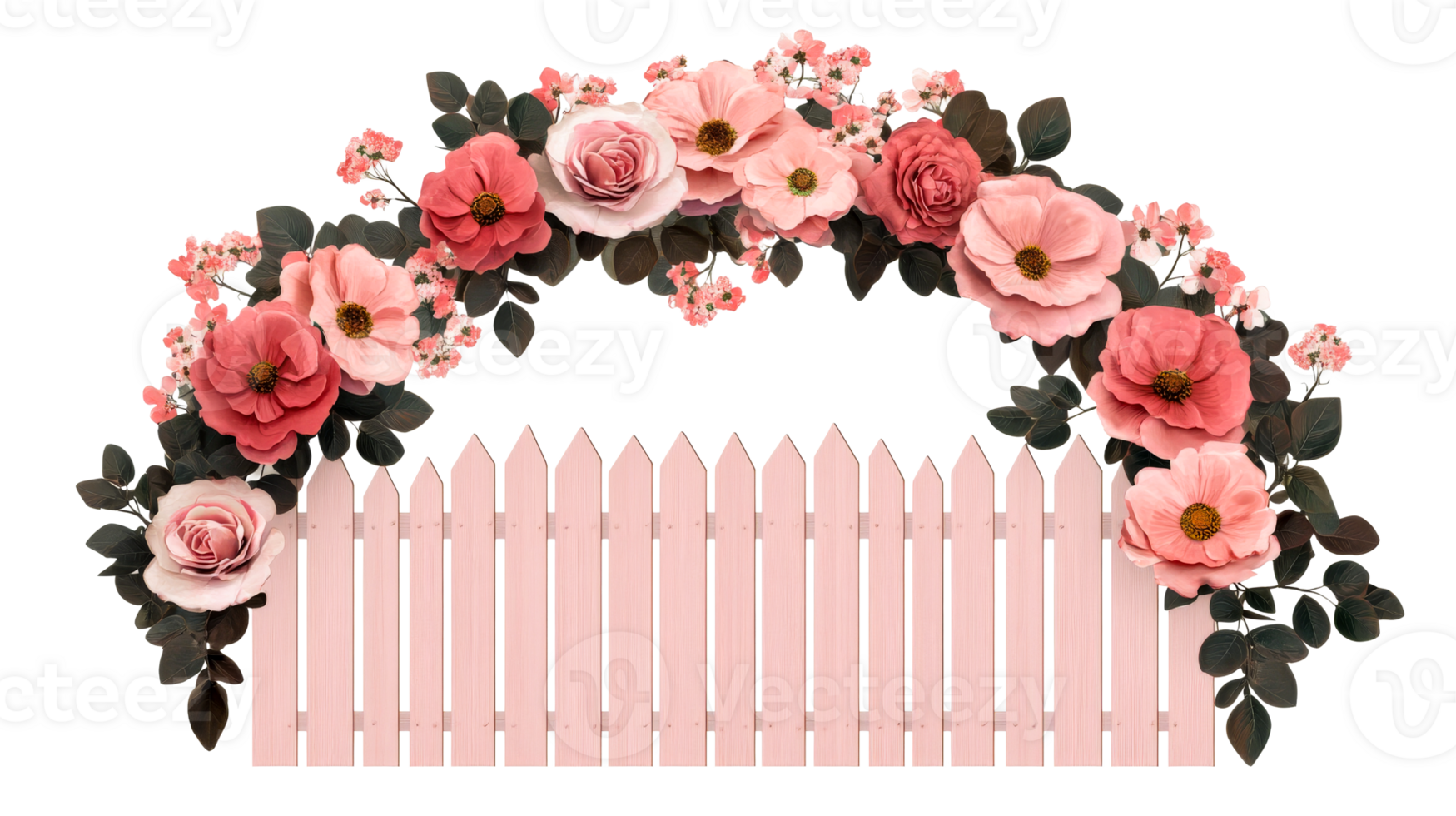 Pink picket fence decorated with flowers arrangement, cut out transparent png