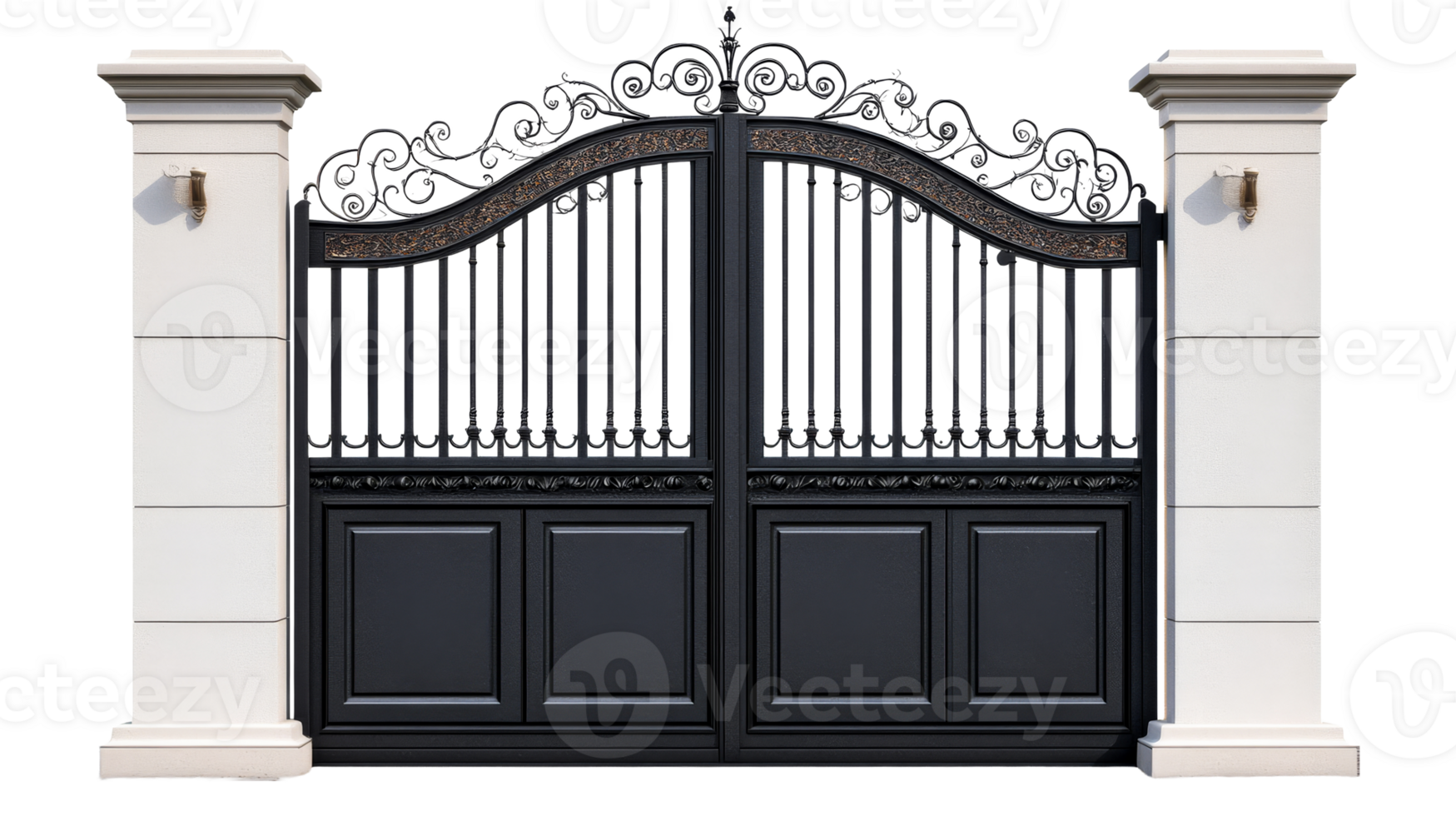 Ornate metal gate with white pillars, security architecture, isolated, cut out transparent png