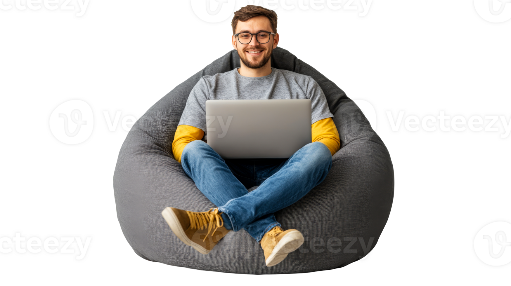 Man works with laptop on gray bean bag chair, cut out transparent png
