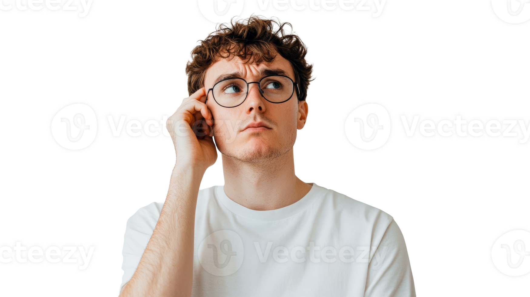 Thoughtful man pondering, wearing glasses, looking up, cut out transparent png