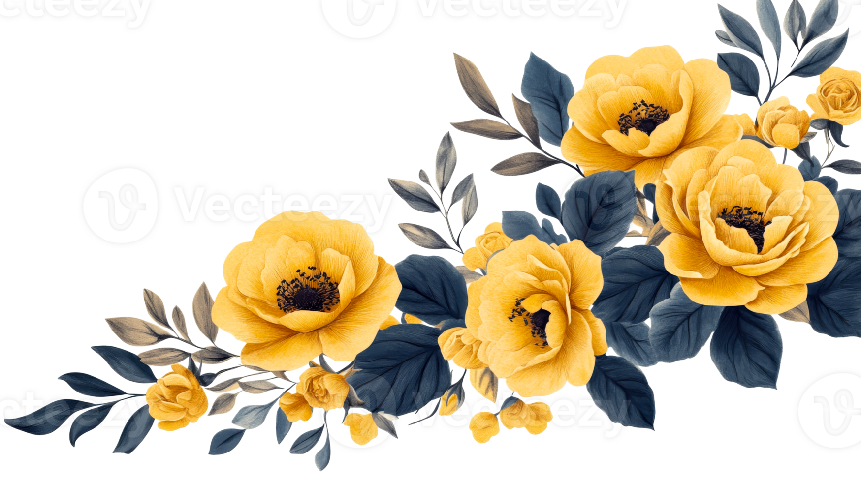 Lush yellow flowers with dark blue leaves, artistic arrangement, cut out transparent png