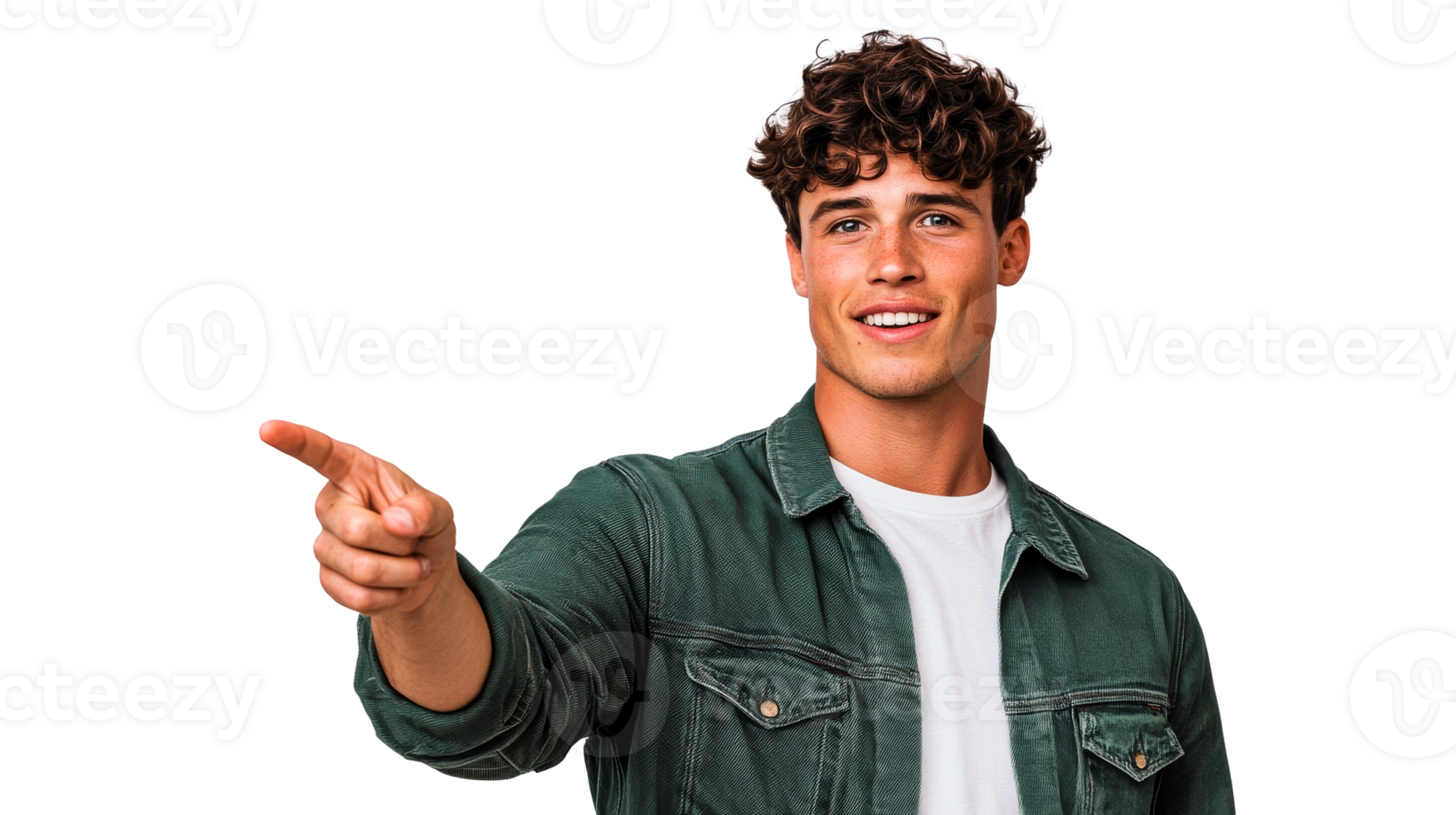 Young man points to the side, curly hair, black background, cut out transparent png
