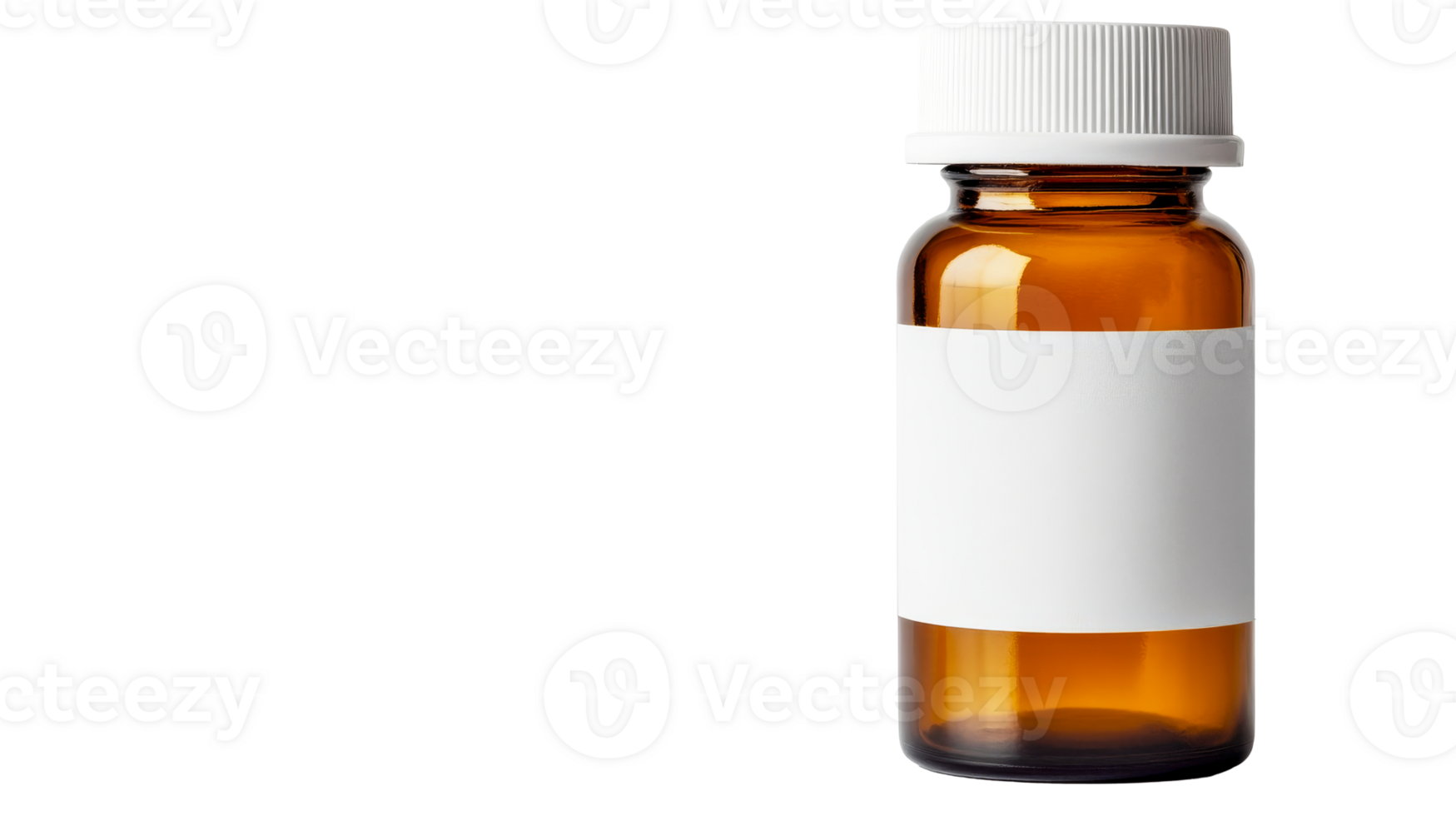 Amber bottle with white label on black backdrop, cut out transparent png